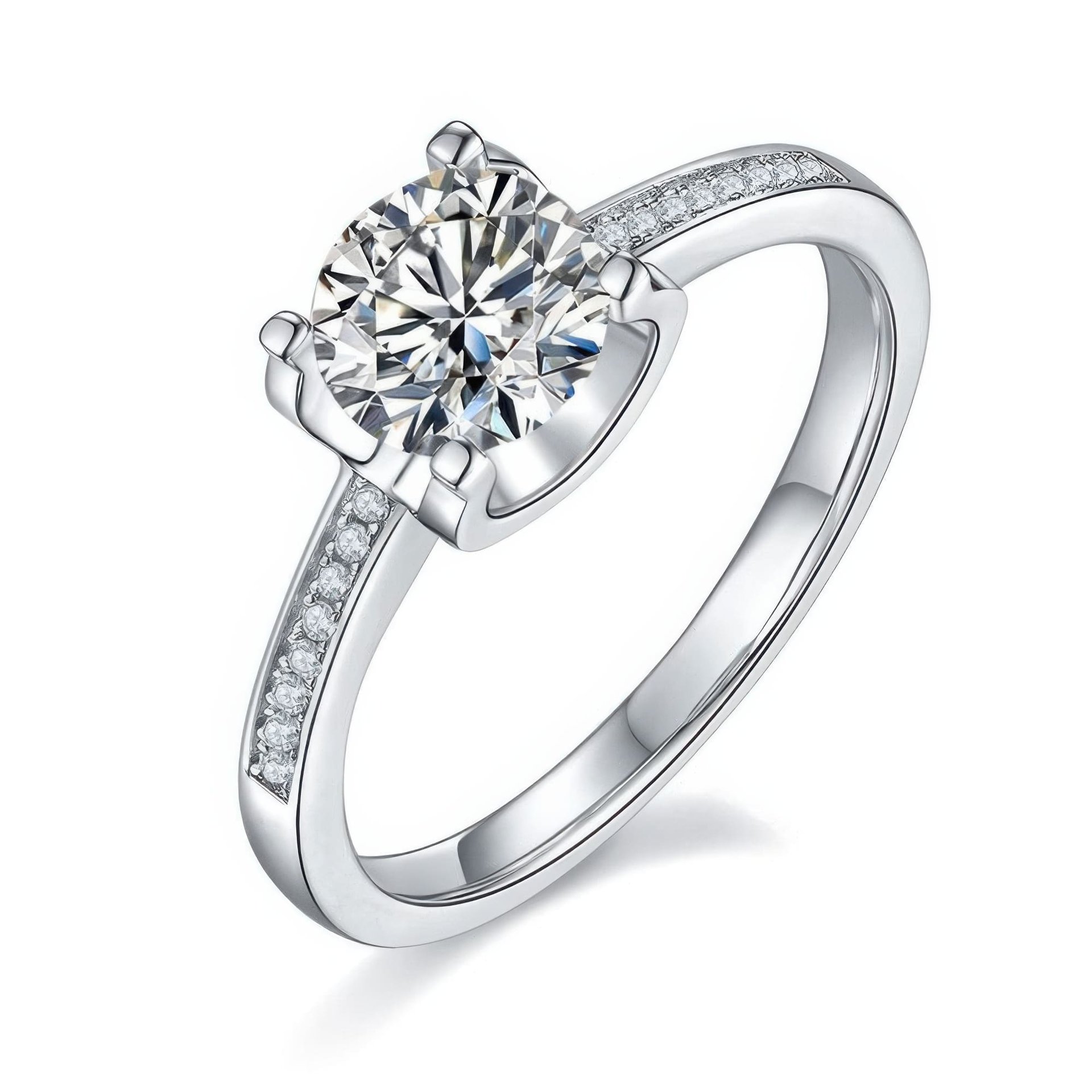 Round Moissanite Solitaire Ring | Pavé Shoulders | 1ct DEW 925 Sterling Silver