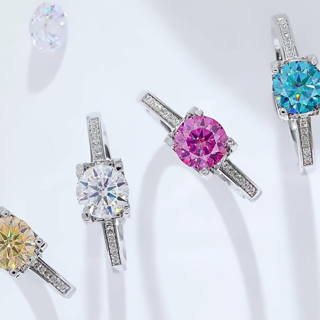 Round Moissanite Solitaire Ring | Pavé Shoulders | 1ct DEW 925 Sterling Silver product video thumbnail