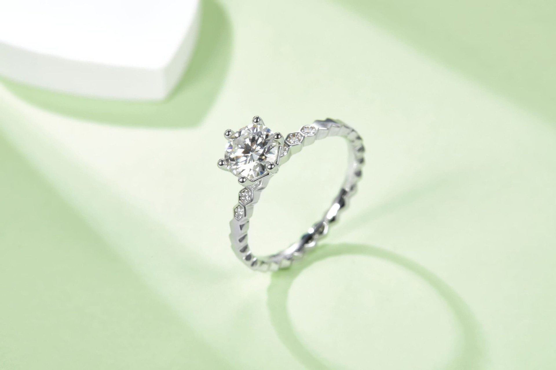 925 Silver Honeycomb Band Moissanite Ring | 1ct DEW Round Solitaire | Hexagon Pave Stations - Image 2