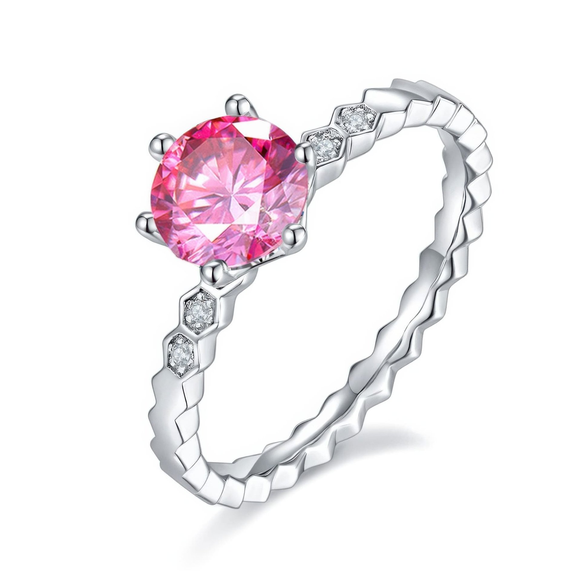 925 Silver Honeycomb Band Moissanite Ring | 1ct DEW Round Solitaire | Hexagon Pave Stations - Image 5