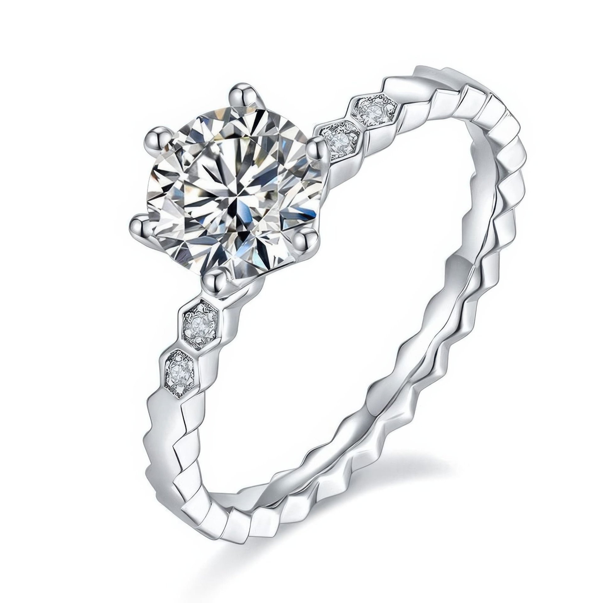 925 Silver Honeycomb Band Moissanite Ring | 1ct DEW Round Solitaire | Hexagon Pave Stations