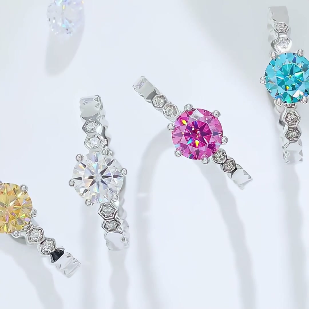 925 Silver Honeycomb Band Moissanite Ring | 1ct DEW Round Solitaire | Hexagon Pave Stations product video thumbnail