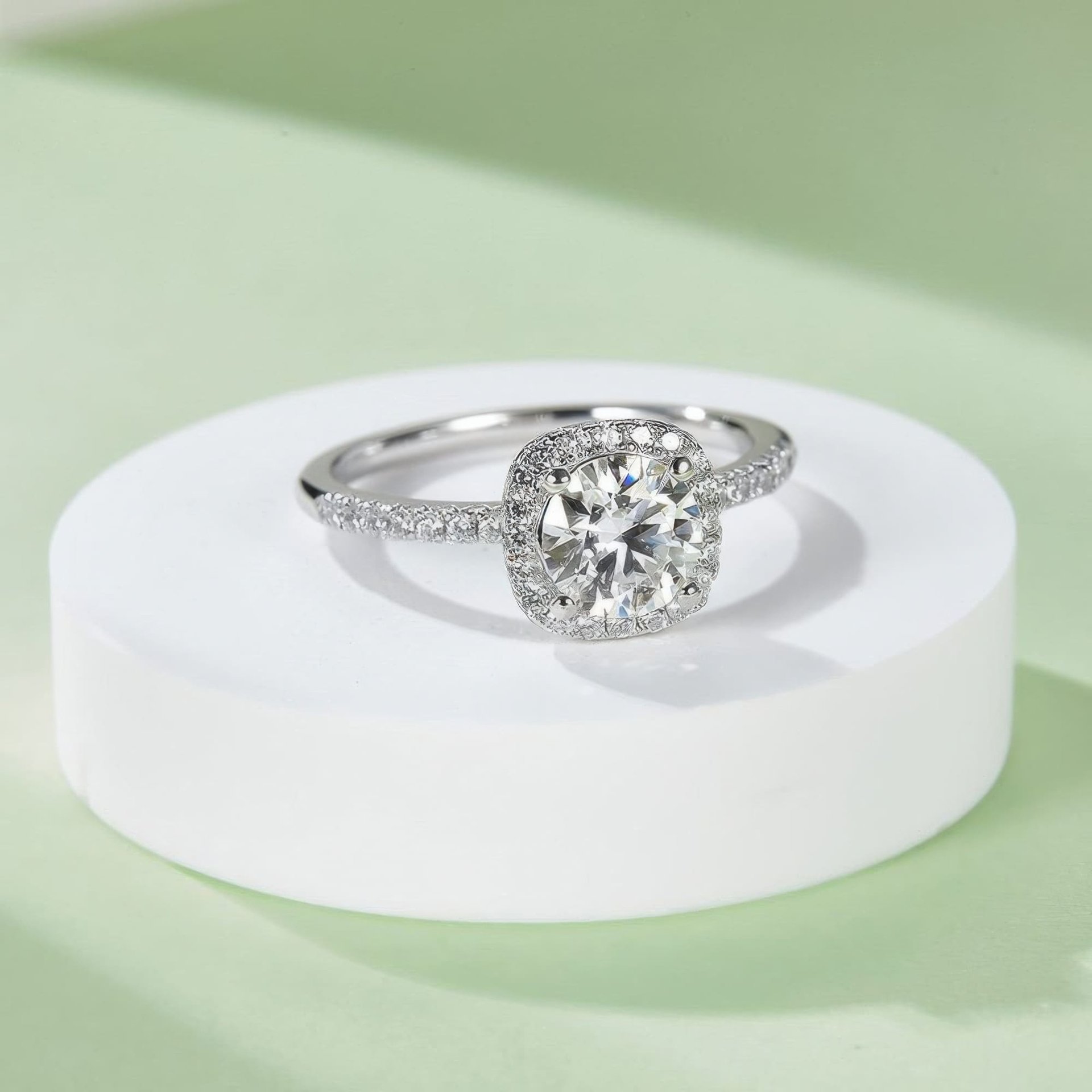 Round Moissanite Cushion Halo Ring | 1ct DEW 6.5mm DEF Colorless, Micro-Pavé 925 Sterling Silver Engagement Ring - Image 4