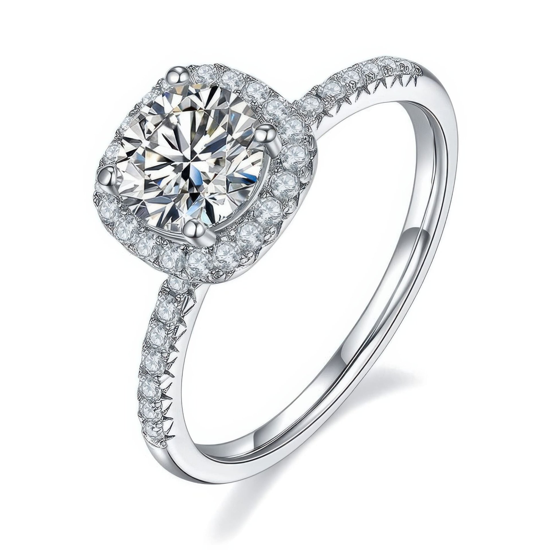 Round Moissanite Cushion Halo Ring | 1ct DEW 6.5mm DEF Colorless, Micro-Pavé 925 Sterling Silver Engagement Ring
