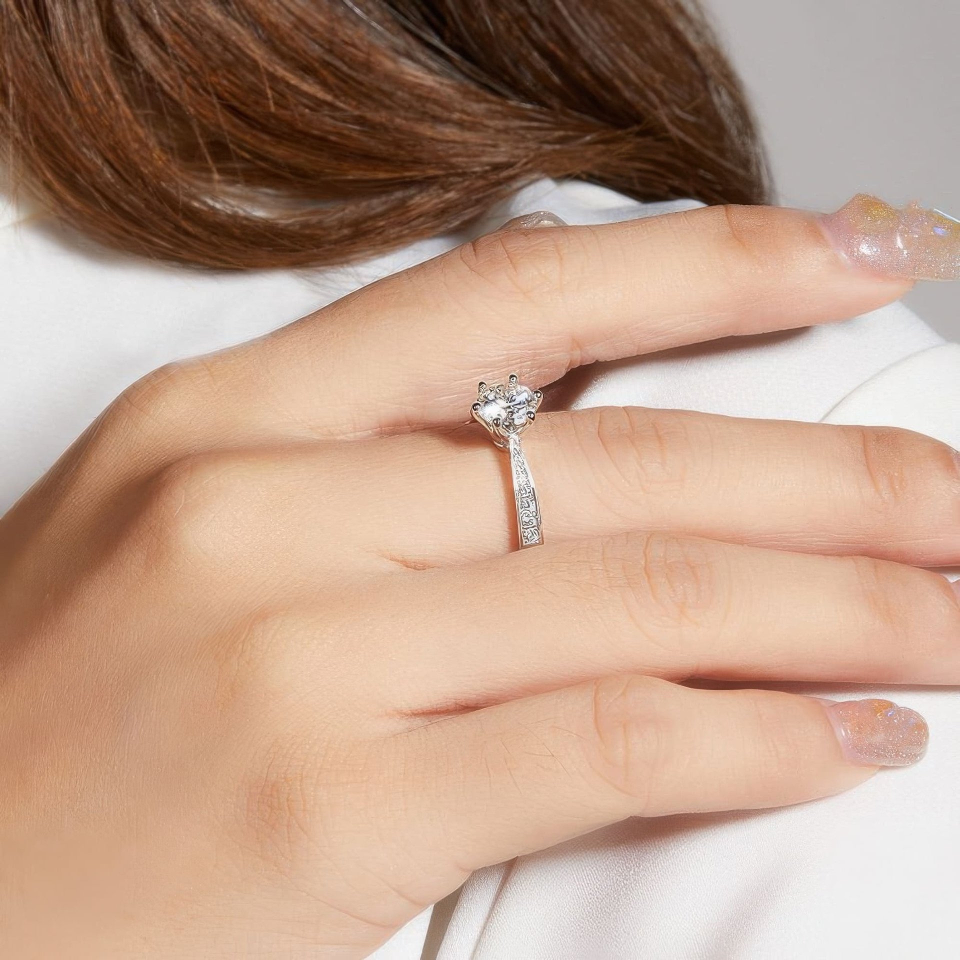 925 Silver Moissanite Six-Prong Solitaire Ring | 1ct DEW Round Brilliant with Pavé Shoulders - alternate view