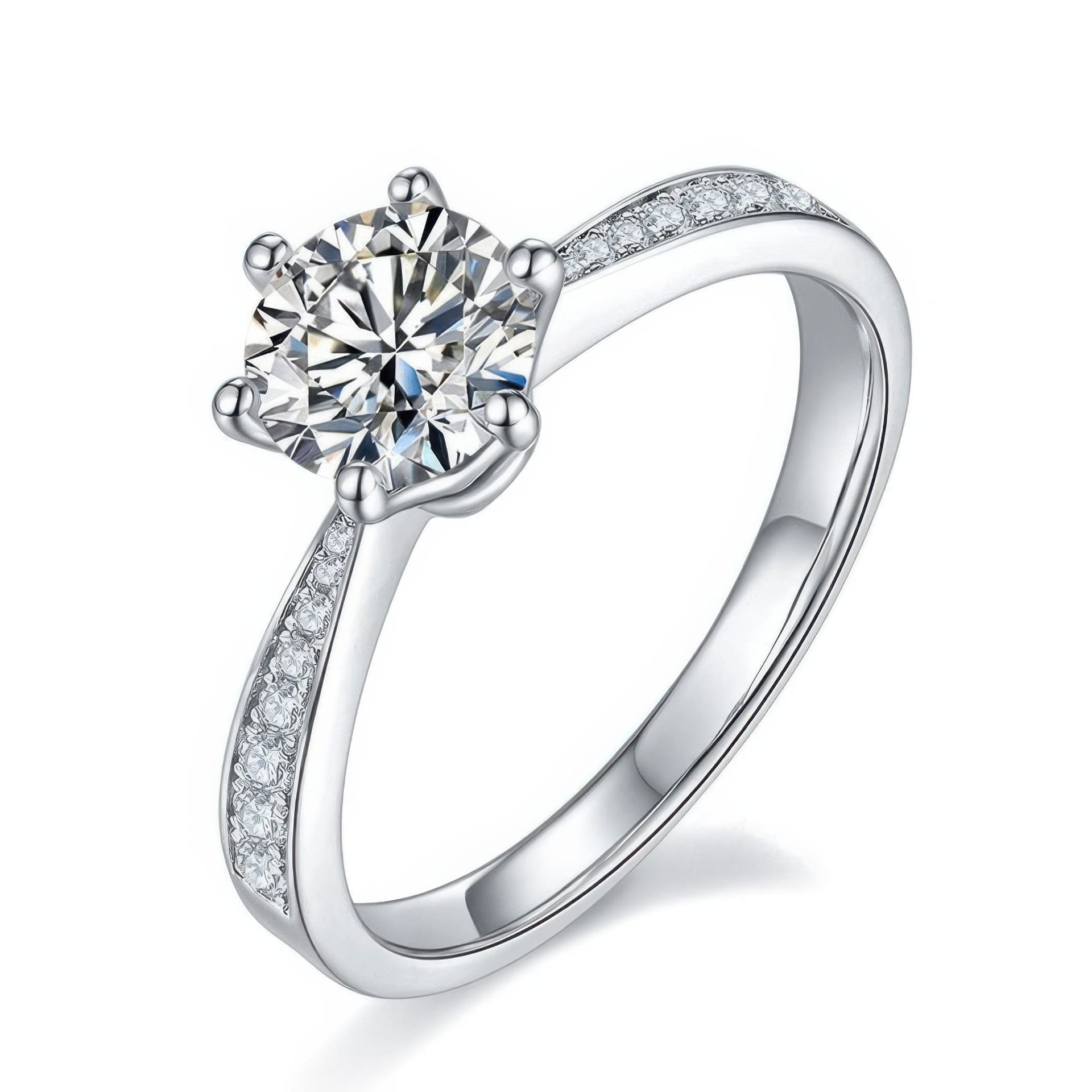 925 Silver Moissanite Six-Prong Solitaire Ring | 1ct DEW Round Brilliant with Pavé Shoulders