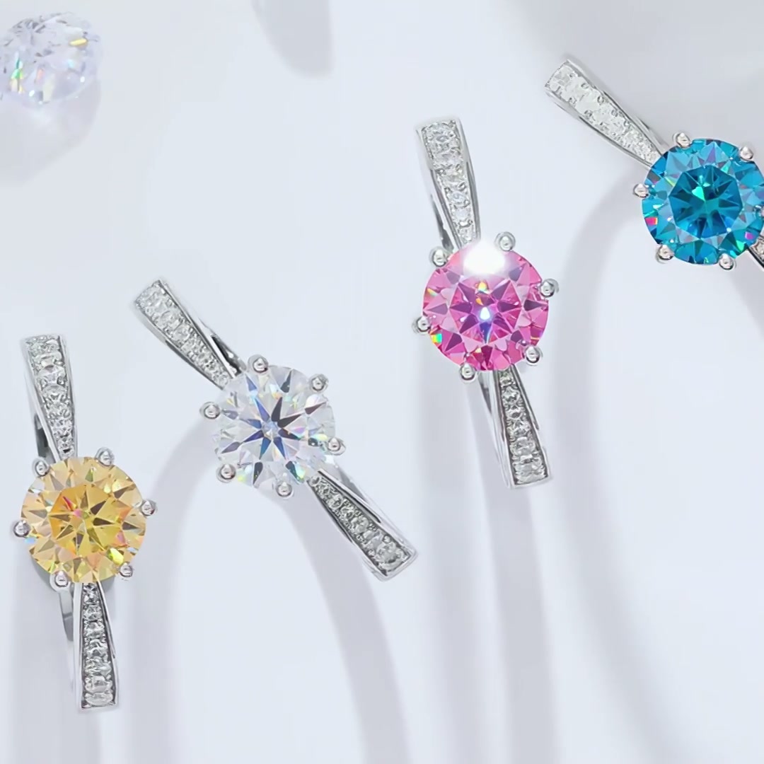 925 Silver Moissanite Six-Prong Solitaire Ring | 1ct DEW Round Brilliant with Pavé Shoulders product video thumbnail