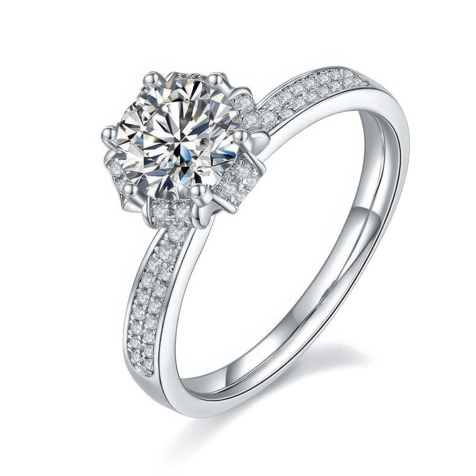 925 Silver Moissanite Flower Ring | 1ct DEW Round Solitaire | Pave Floral Setting