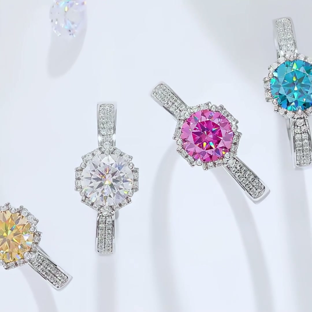 925 Silver Moissanite Flower Ring | 1ct DEW Round Solitaire | Pave Floral Setting product video thumbnail