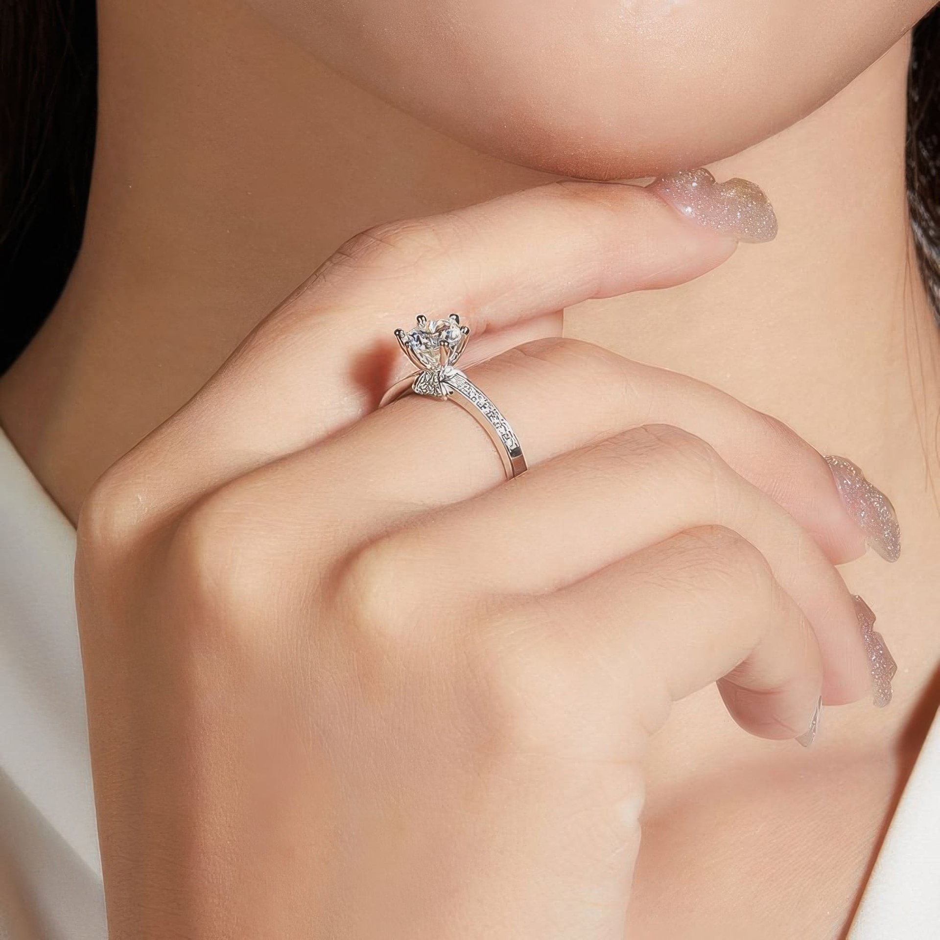 1ct Round Moissanite Solitaire Ring | 925 Sterling Silver Pave Shoulders | DEF Colorless - Image 2