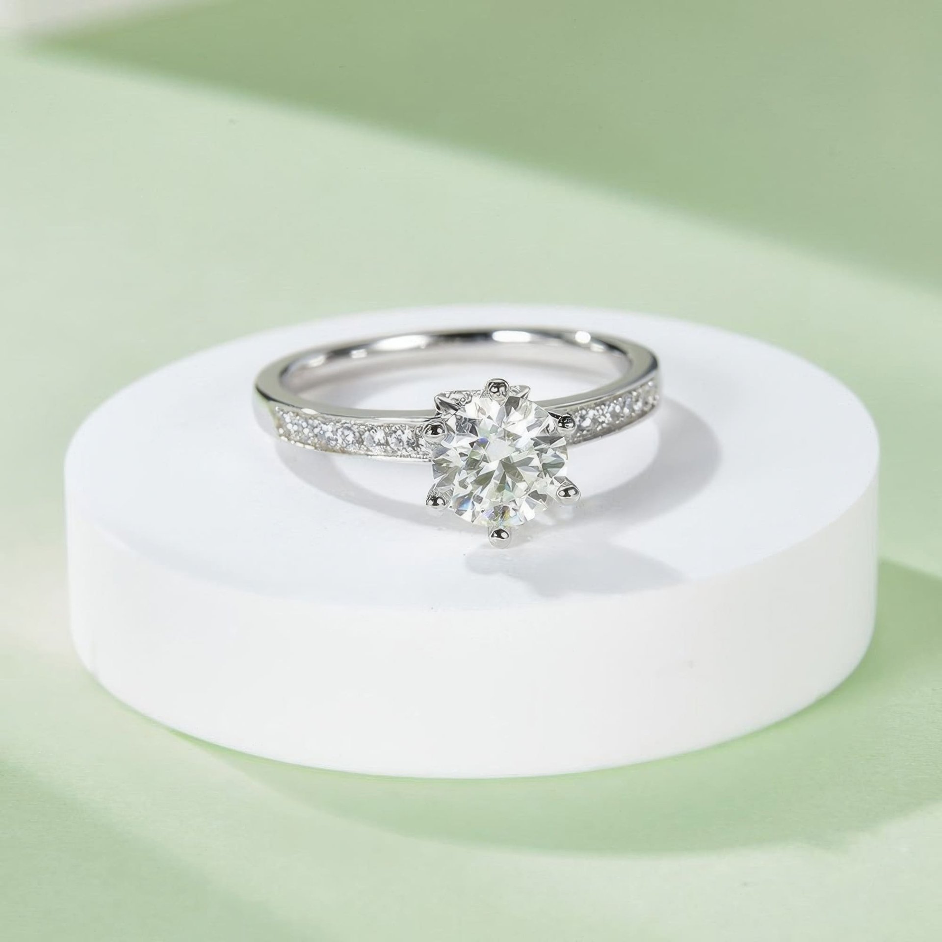 1ct Round Moissanite Solitaire Ring | 925 Sterling Silver Pave Shoulders | DEF Colorless - Image 4