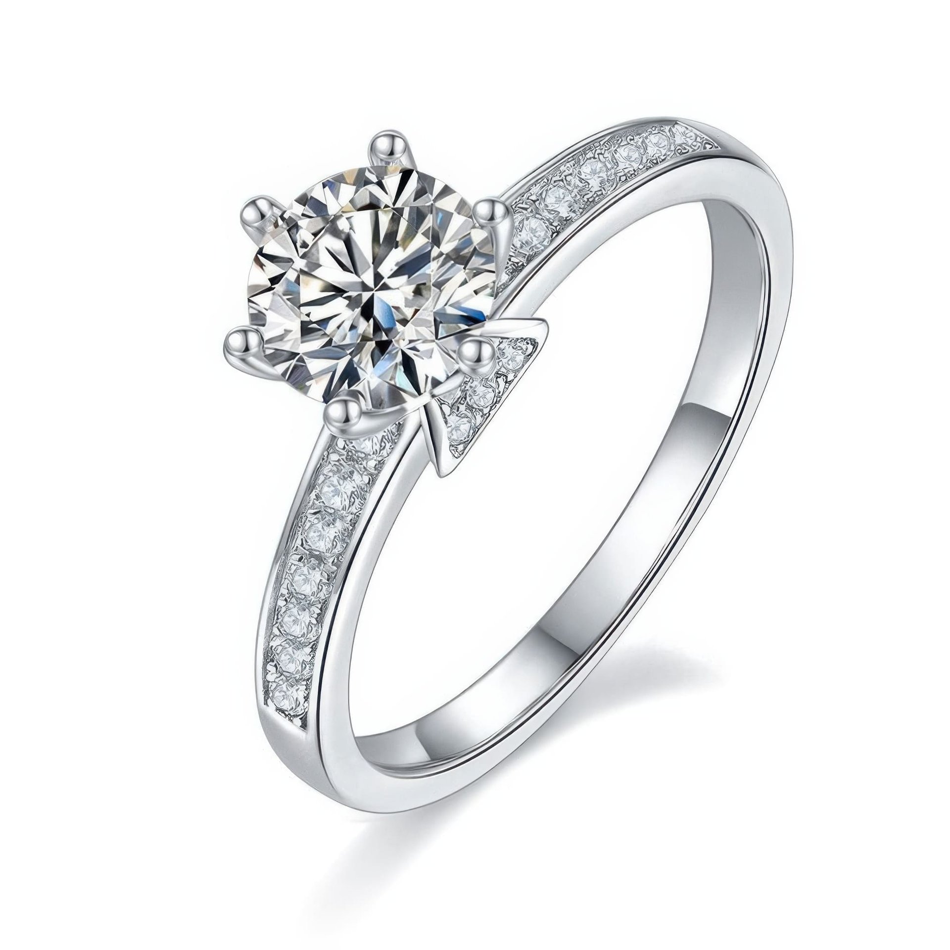 1ct Round Moissanite Solitaire Ring | 925 Sterling Silver Pave Shoulders | DEF Colorless