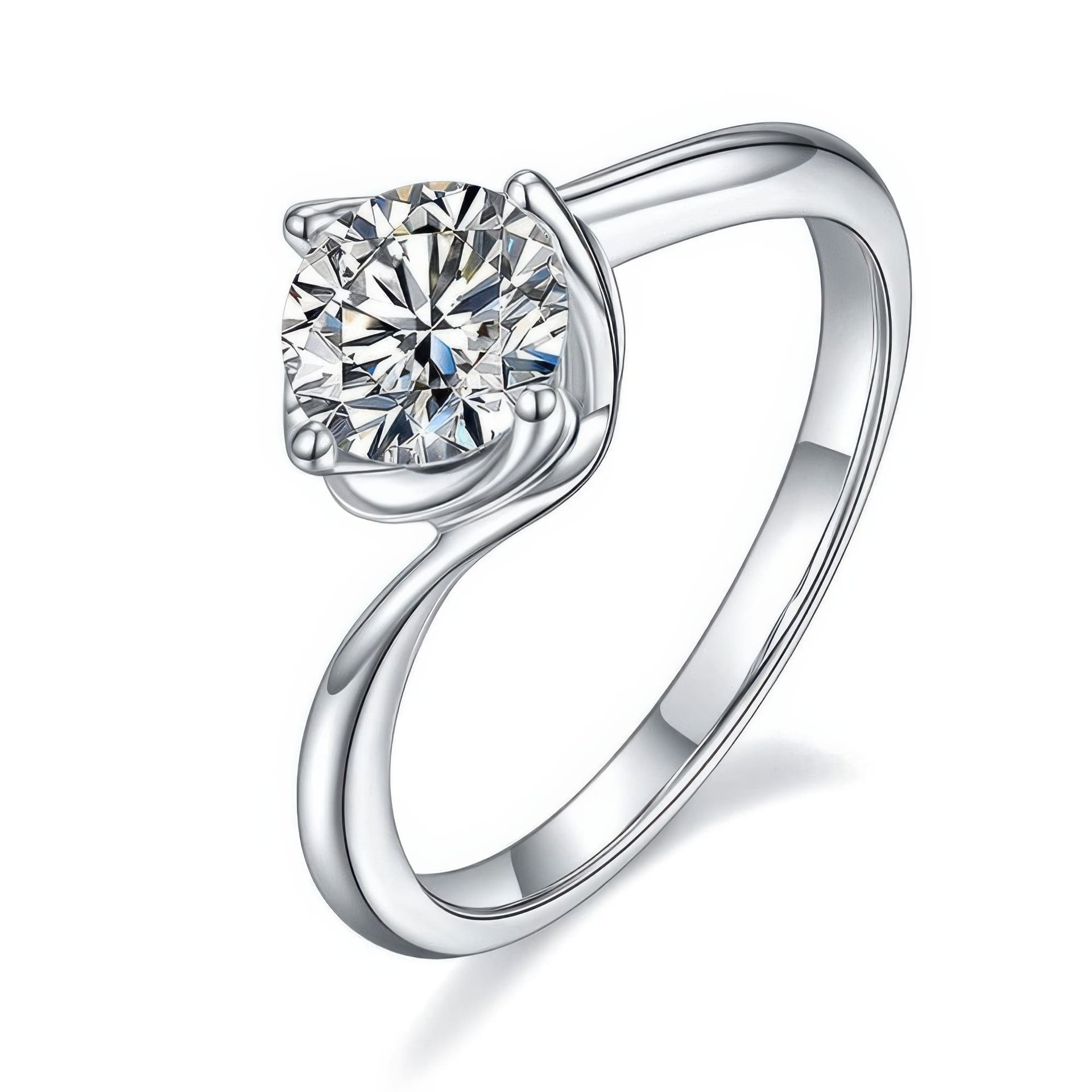 Twisted Bypass Moissanite Solitaire Ring | 1ct DEW Round Cut Engagement Ring in 925 Silver