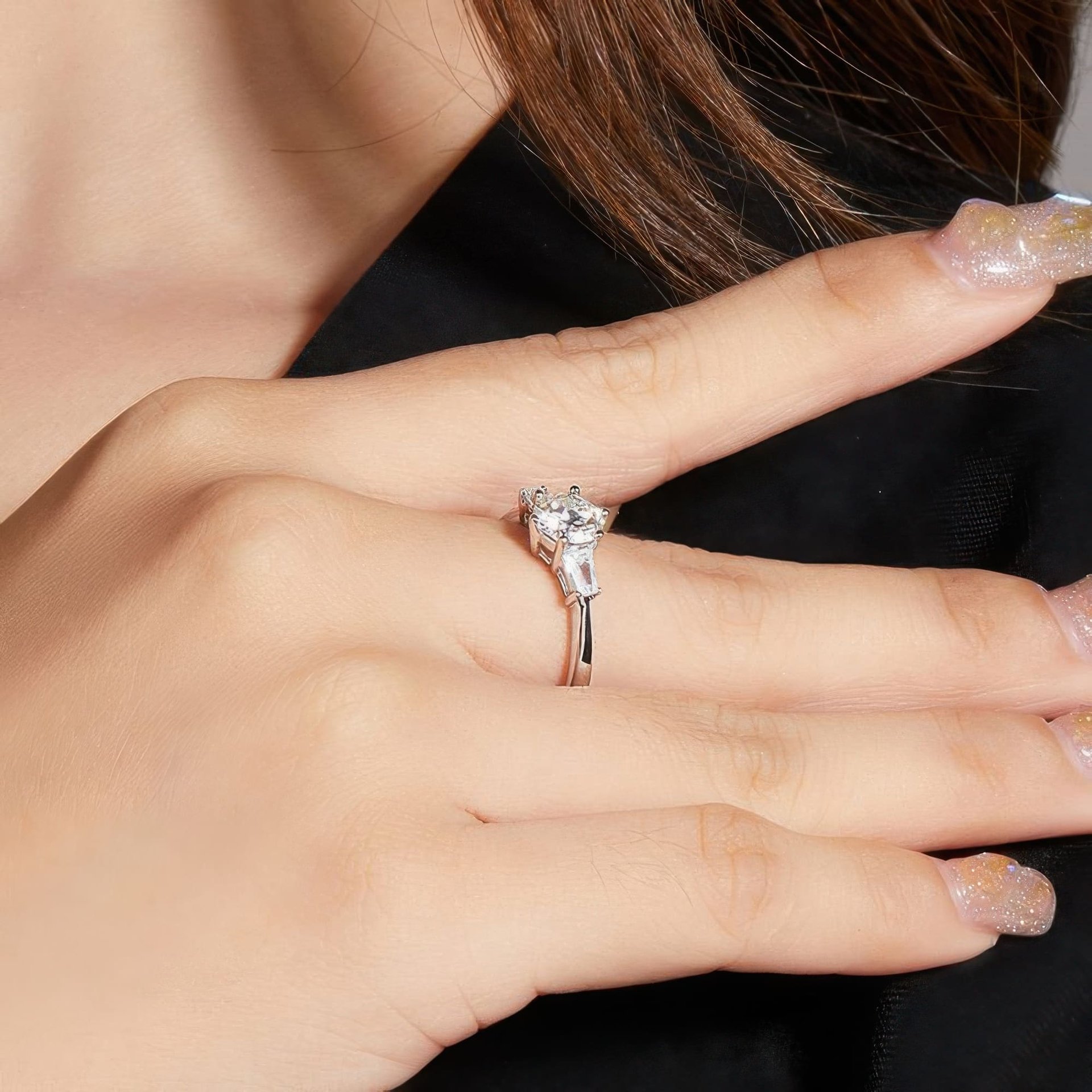 Three Stone Moissanite Ring | Round Brilliant & Tapered Baguettes | 925 Silver - alternate view