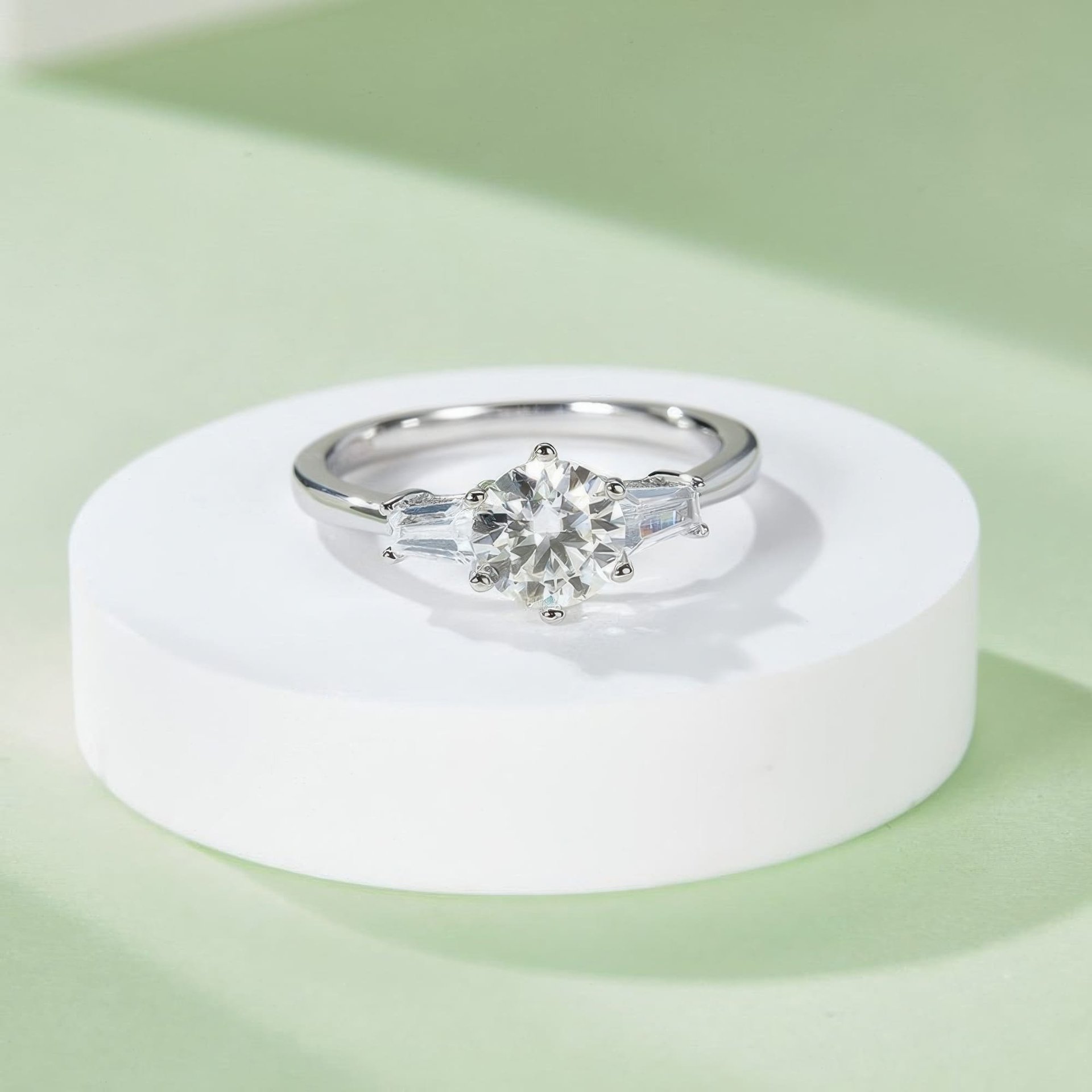 Three Stone Moissanite Ring | Round Brilliant & Tapered Baguettes | 925 Silver - Image 4