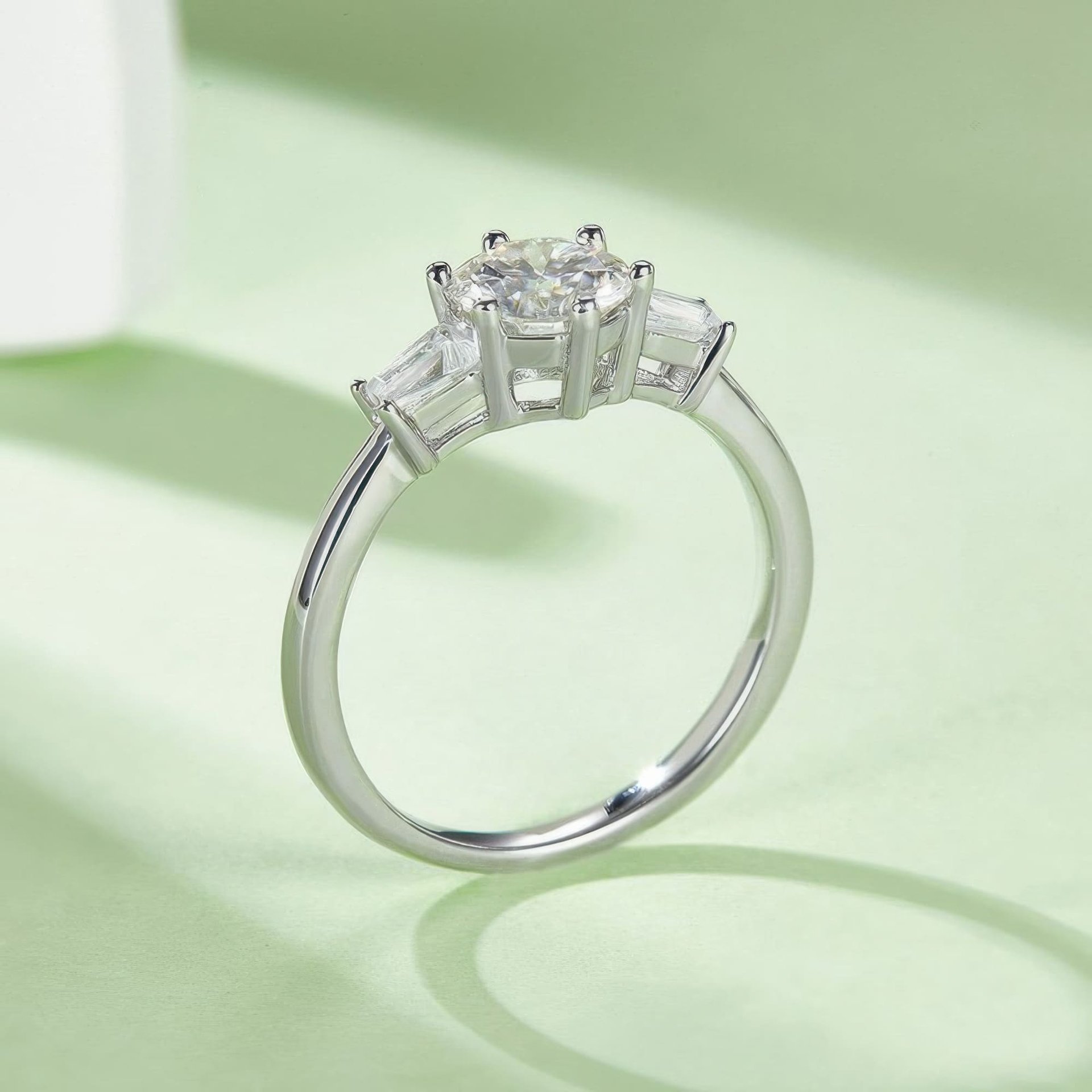 Three Stone Moissanite Ring | Round Brilliant & Tapered Baguettes | 925 Silver - Image 5