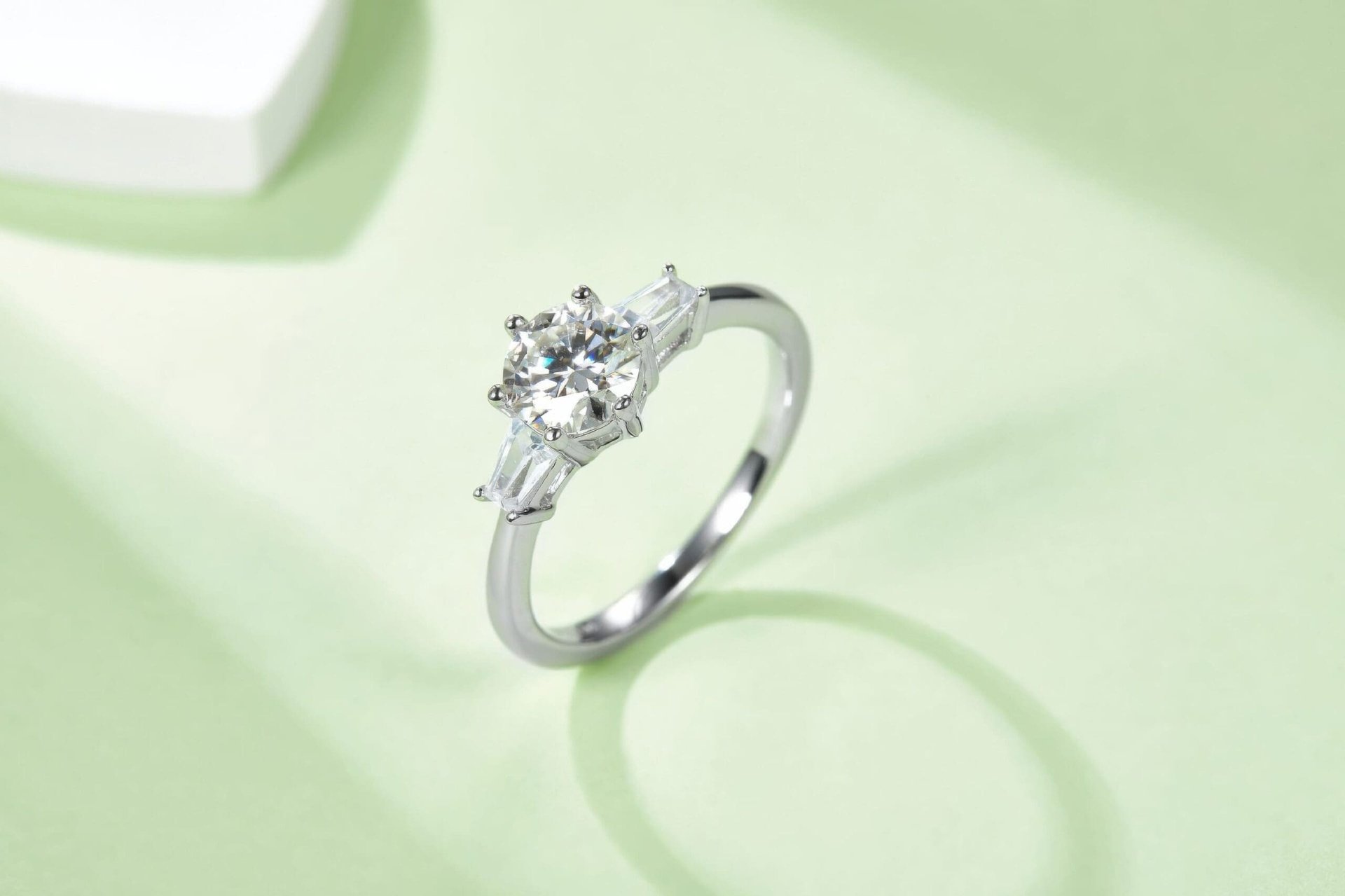 Three Stone Moissanite Ring | Round Brilliant & Tapered Baguettes | 925 Silver - Image 6