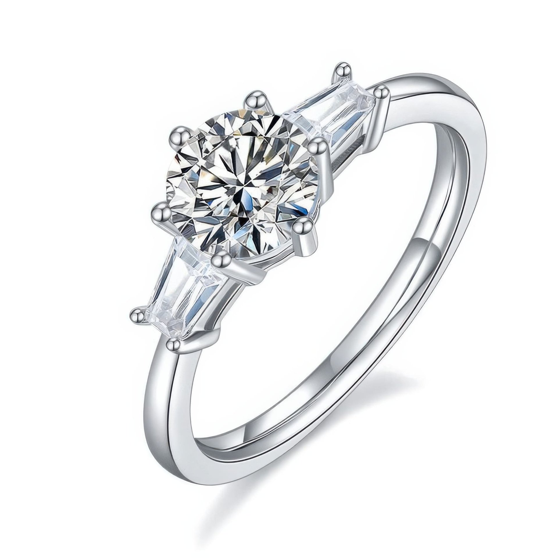 Three Stone Moissanite Ring | Round Brilliant & Tapered Baguettes | 925 Silver