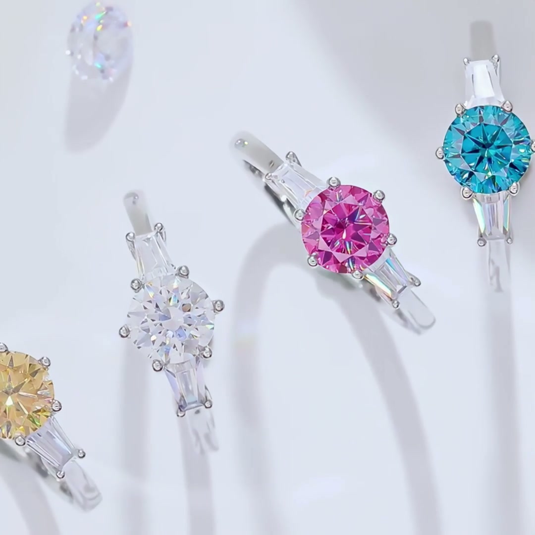 Three Stone Moissanite Ring | Round Brilliant & Tapered Baguettes | 925 Silver product video thumbnail