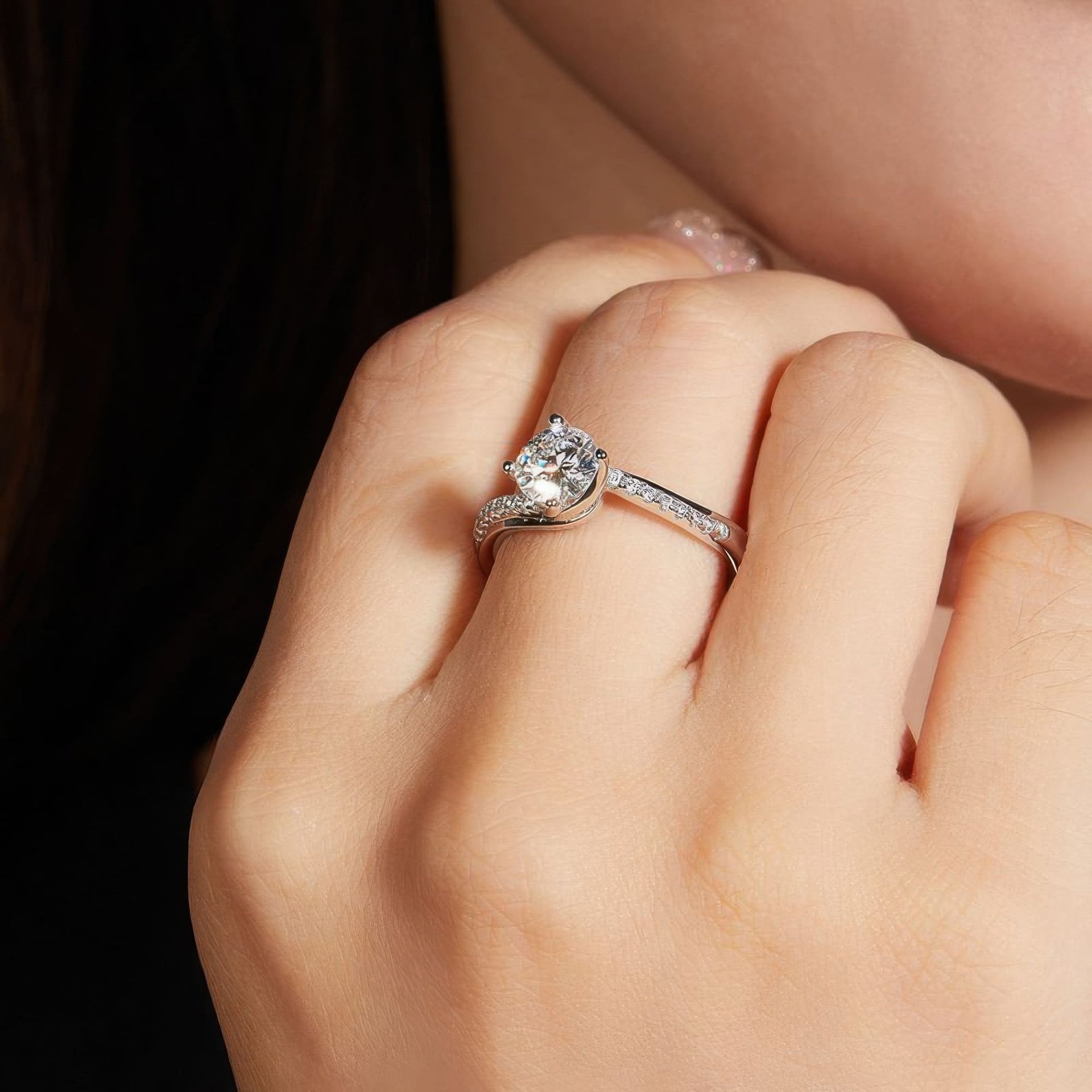 Twisted Band Moissanite Ring | 1ct Round Solitaire | Pave Bypass Shank | 925 Sterling Silver - alternate view