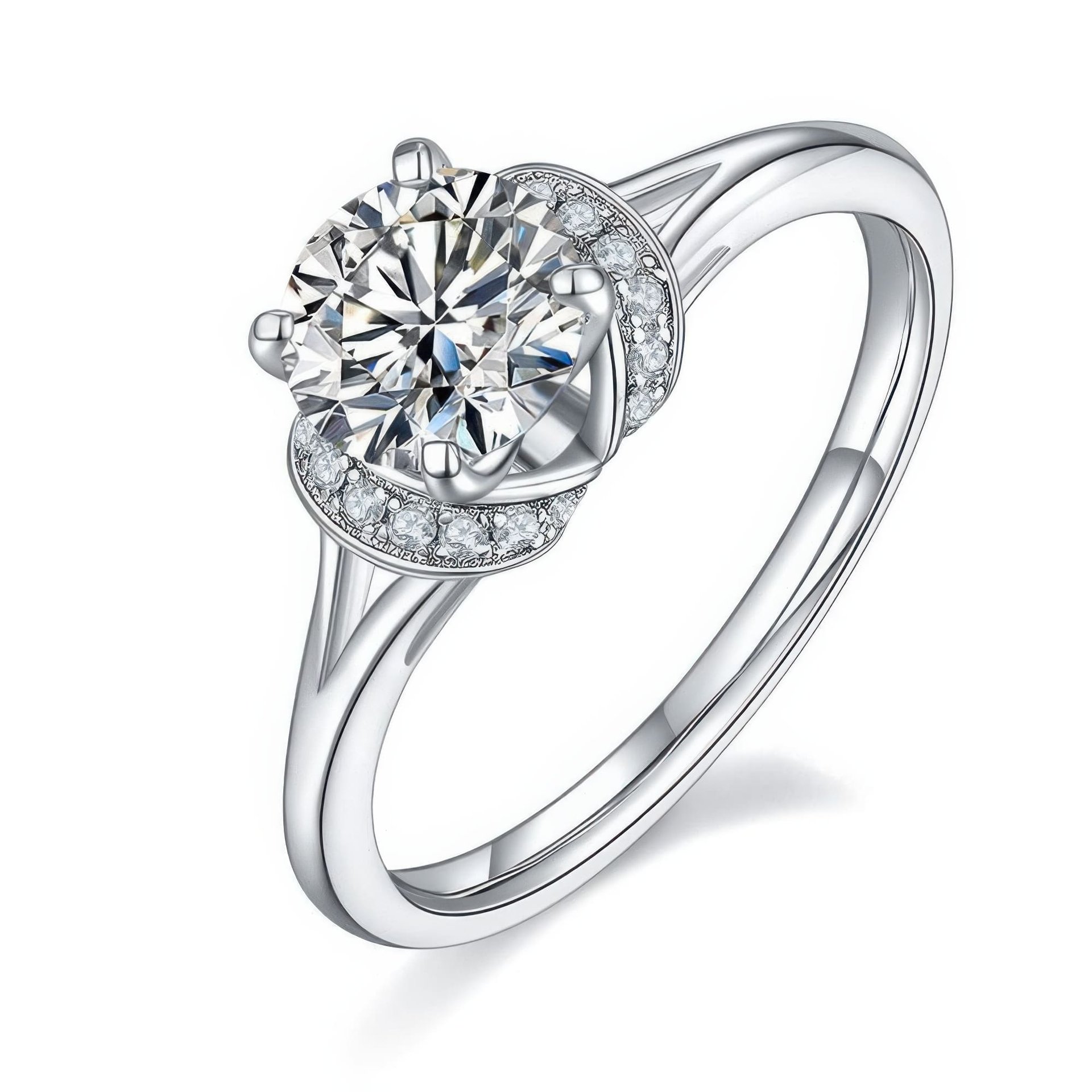 1 Carat Moissanite Ring | Round Solitaire with Pavé Swirl Accent | 925 Sterling Silver