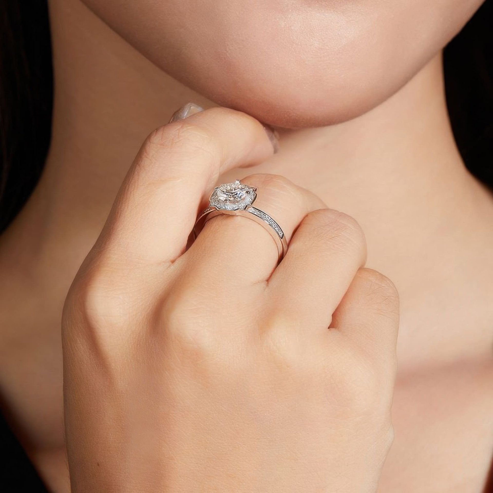 Round Moissanite Halo Engagement Ring | Floral Cushion Pave Halo | 925 Silver - Image 3