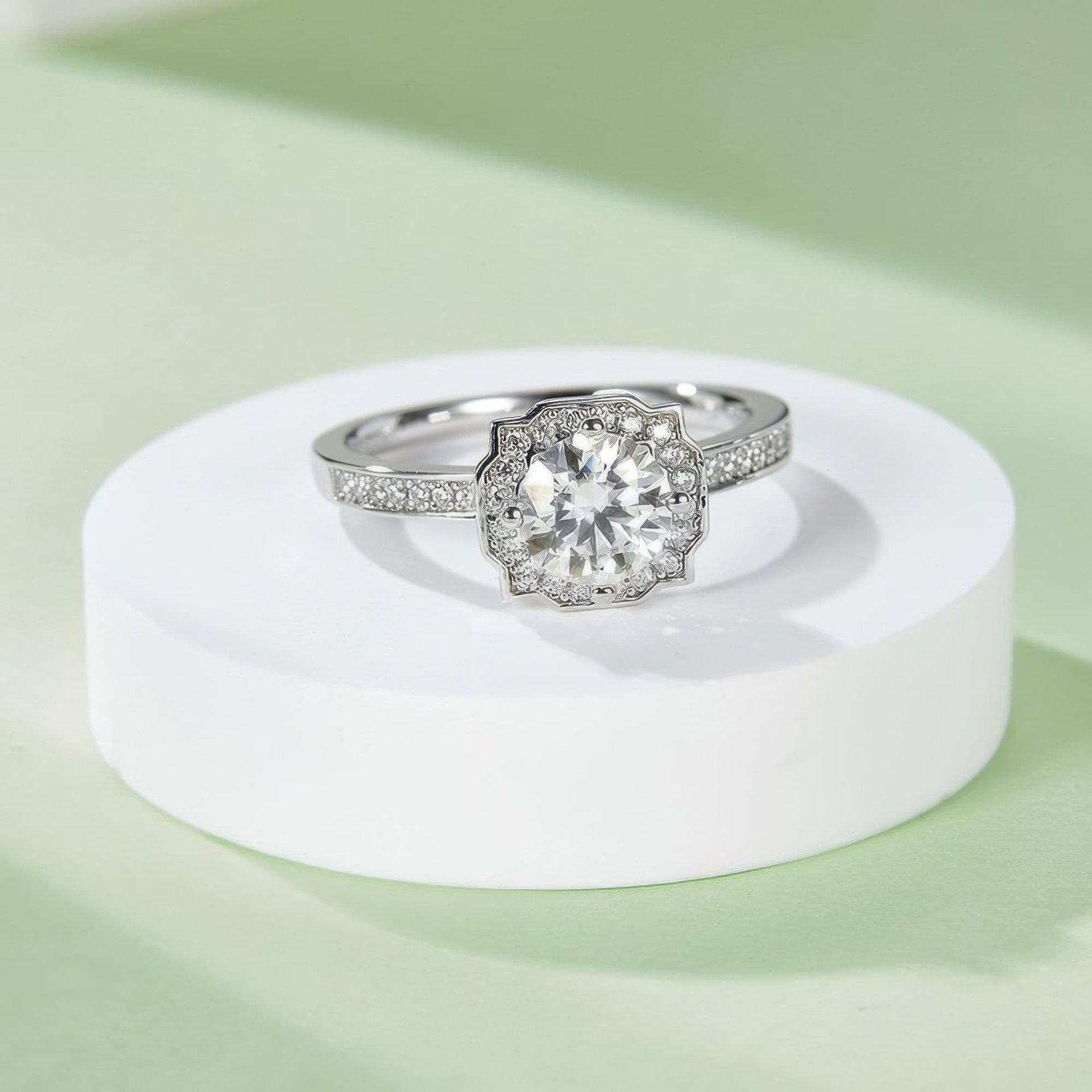 Round Moissanite Halo Engagement Ring | Floral Cushion Pave Halo | 925 Silver - Image 4