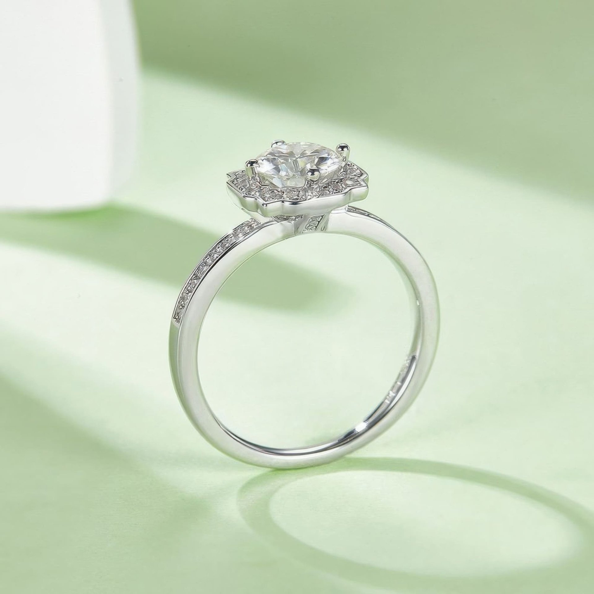 Round Moissanite Halo Engagement Ring | Floral Cushion Pave Halo | 925 Silver - Image 5