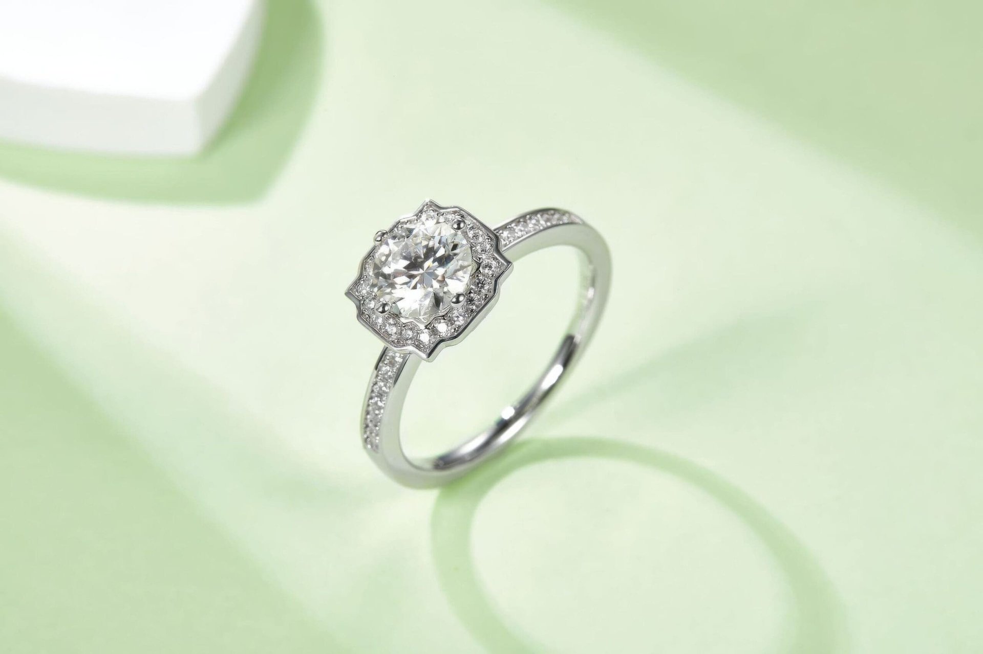 Round Moissanite Halo Engagement Ring | Floral Cushion Pave Halo | 925 Silver - Image 6