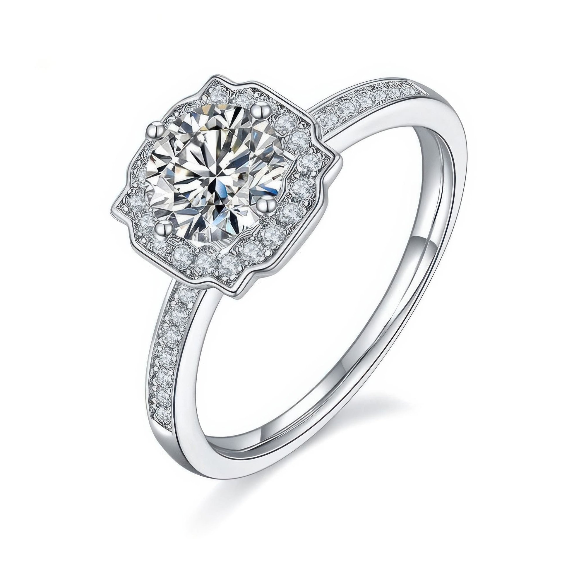 Round Moissanite Halo Engagement Ring | Floral Cushion Pave Halo | 925 Silver