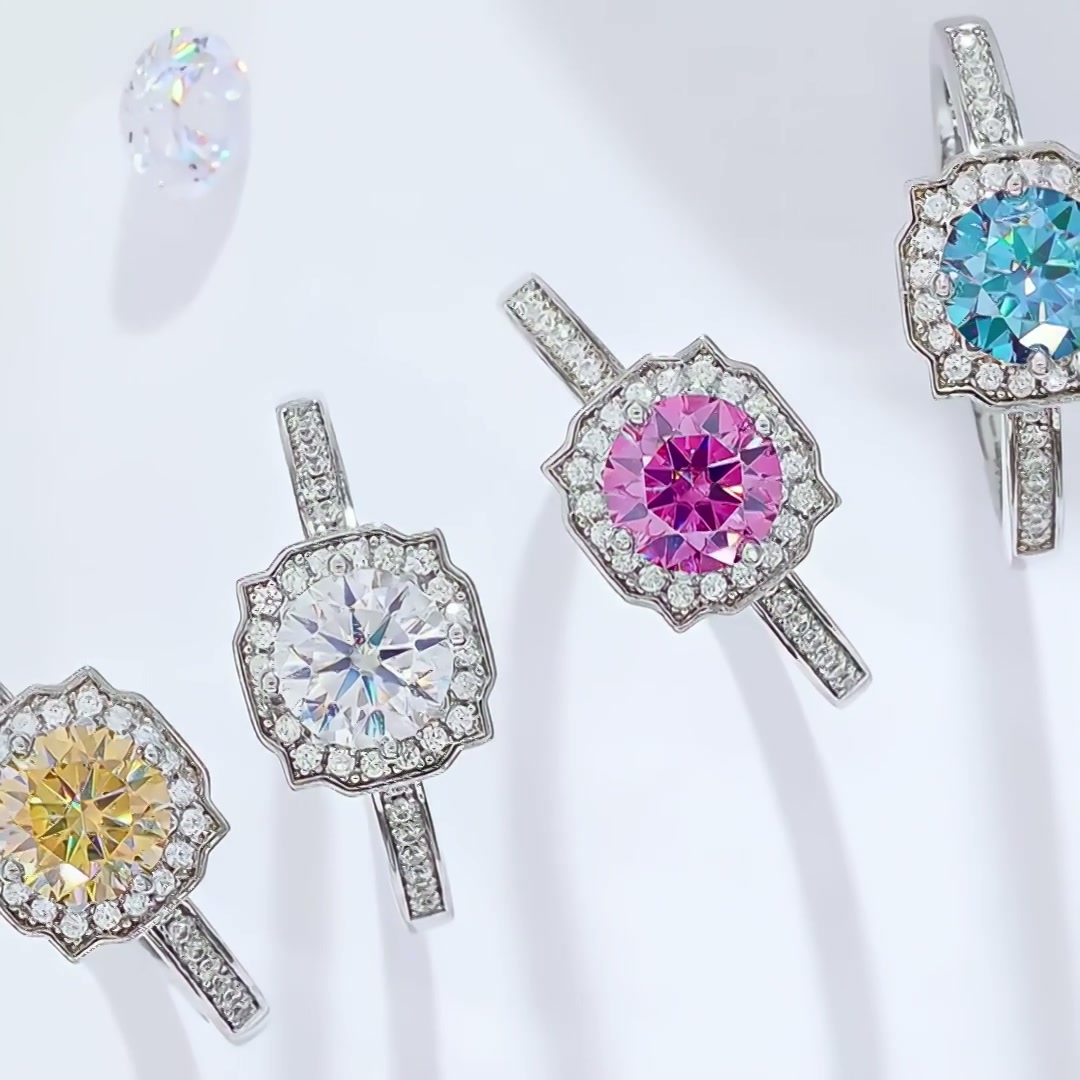 Round Moissanite Halo Engagement Ring | Floral Cushion Pave Halo | 925 Silver product video thumbnail