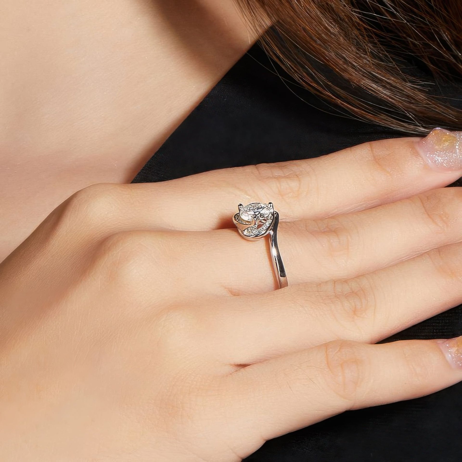 Heart Halo Moissanite Ring | 1ct DEW Round Center | 925 Silver Bypass Band - Image 2