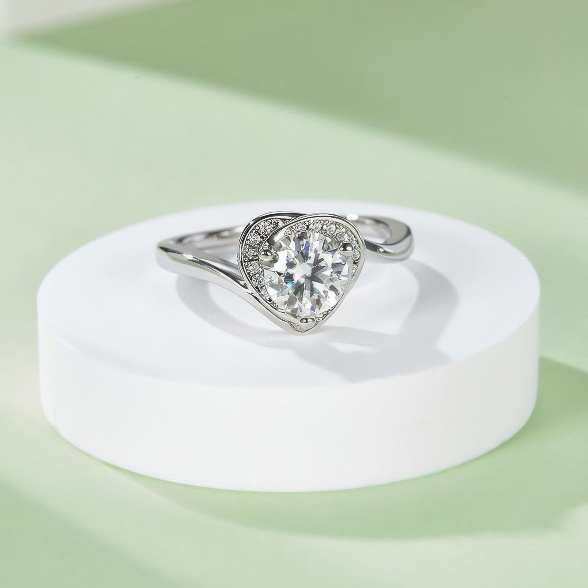 Heart Halo Moissanite Ring | 1ct DEW Round Center | 925 Silver Bypass Band - Image 4