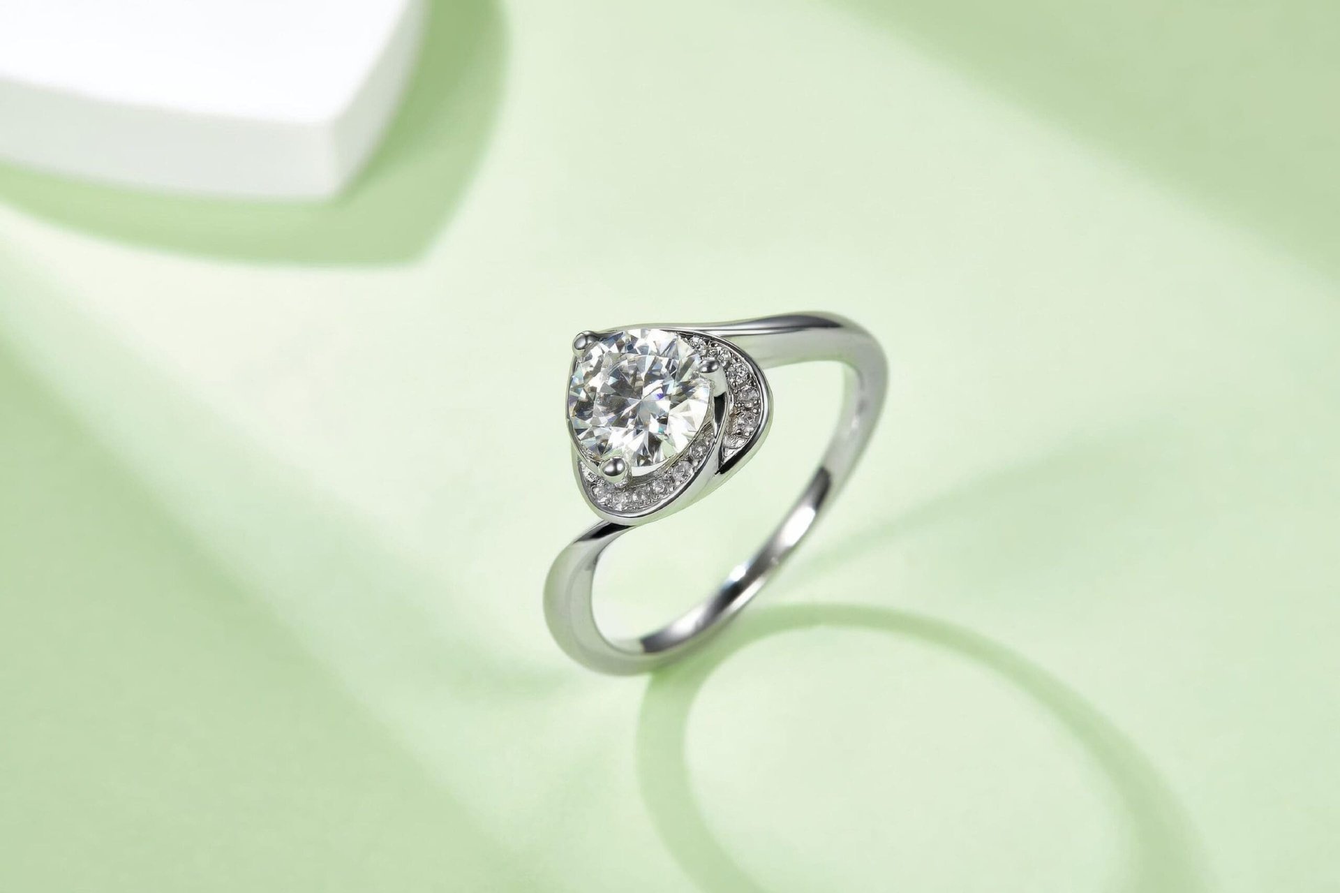 Heart Halo Moissanite Ring | 1ct DEW Round Center | 925 Silver Bypass Band - Image 5