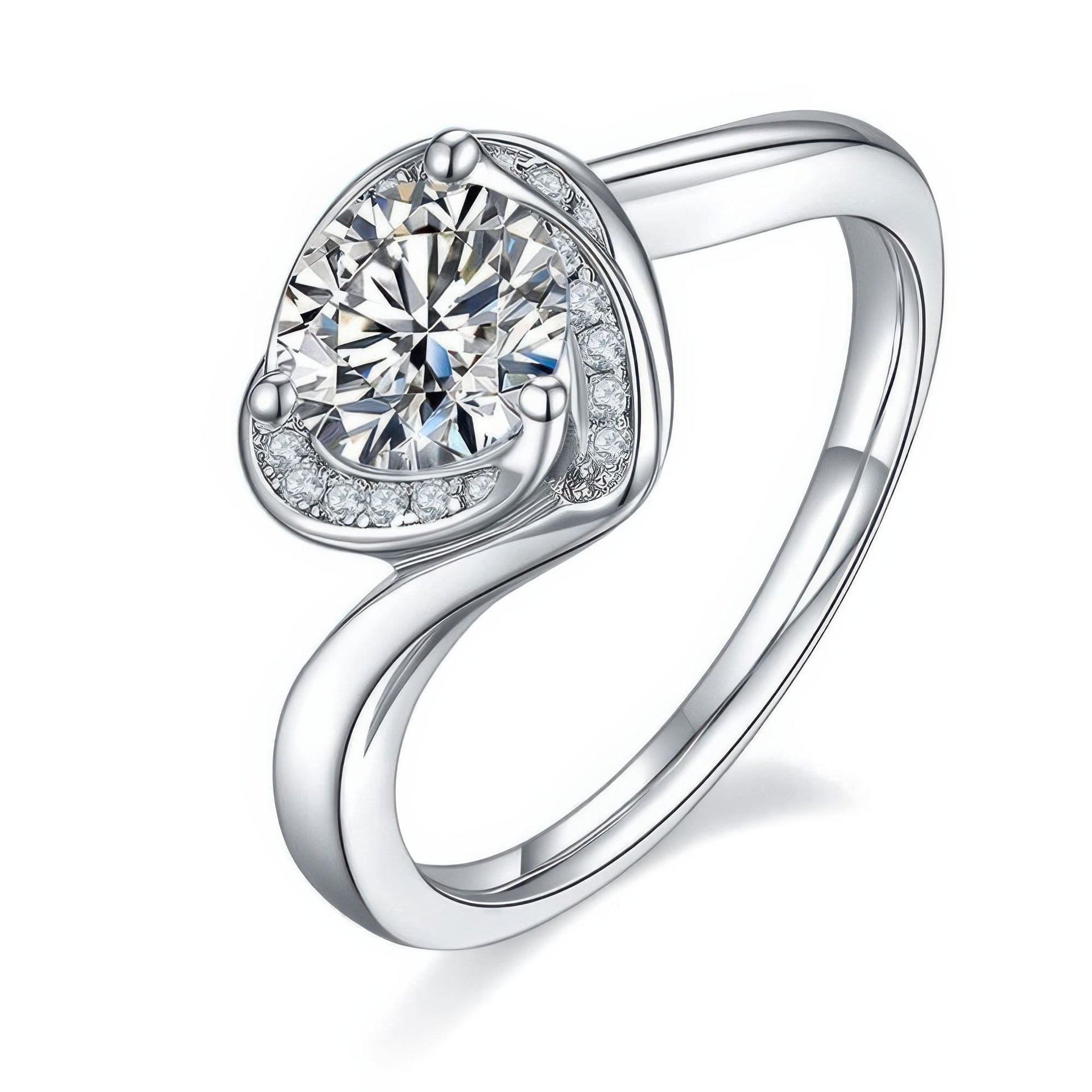 Heart Halo Moissanite Ring | 1ct DEW Round Center | 925 Silver Bypass Band