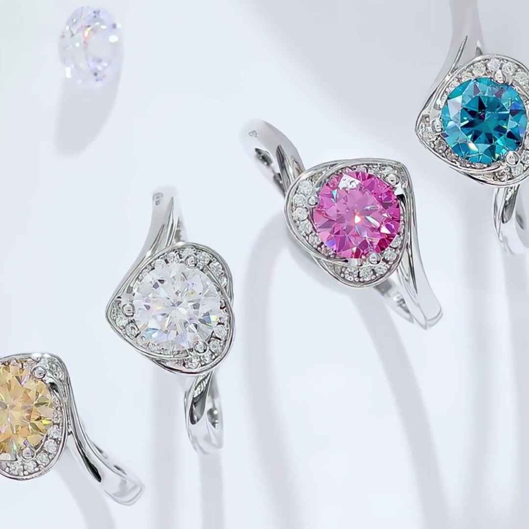 Heart Halo Moissanite Ring | 1ct DEW Round Center | 925 Silver Bypass Band product video thumbnail