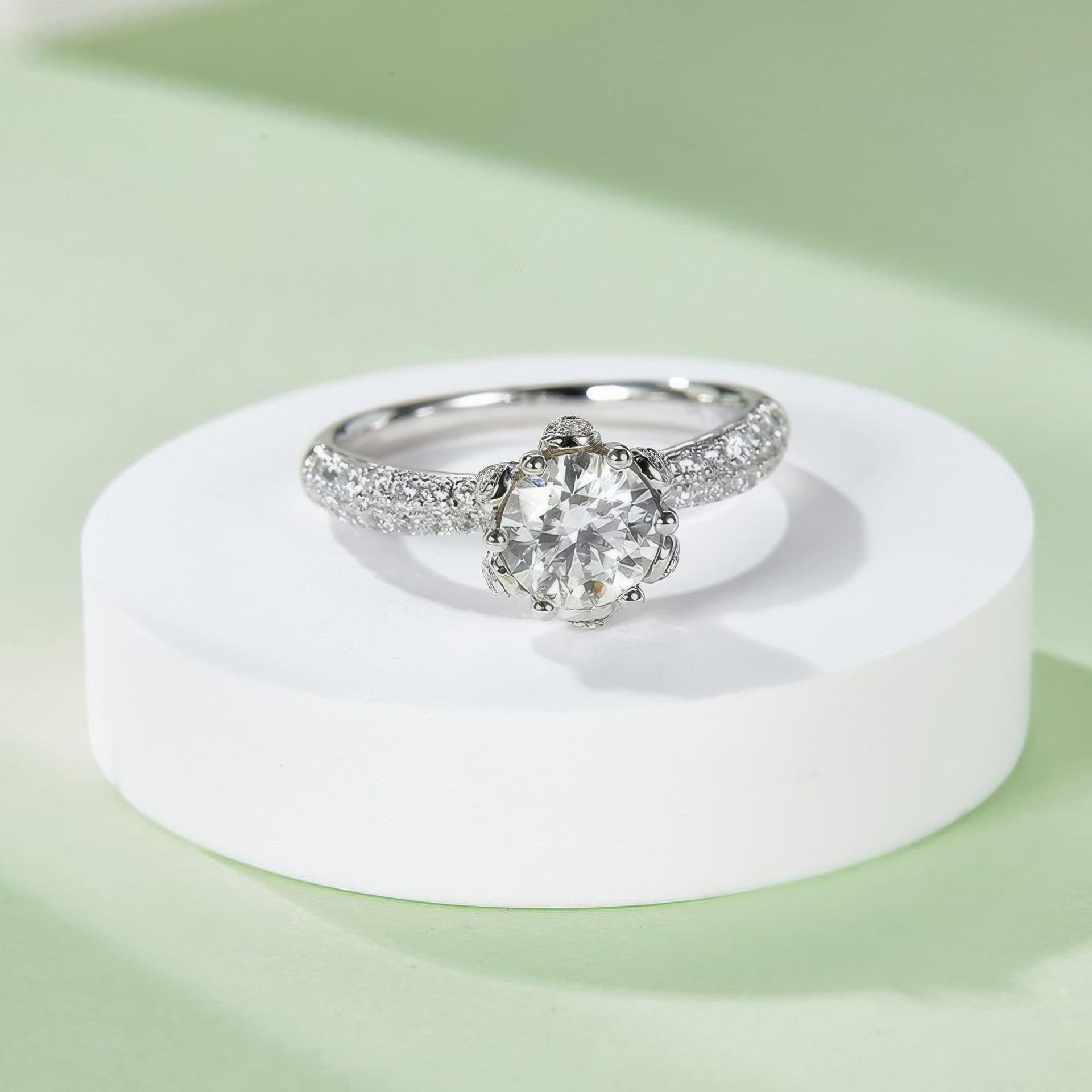 Round Moissanite Solitaire Ring | Pavé Floral Crown | 1ct DEW 6.5mm 925 Silver - Image 6