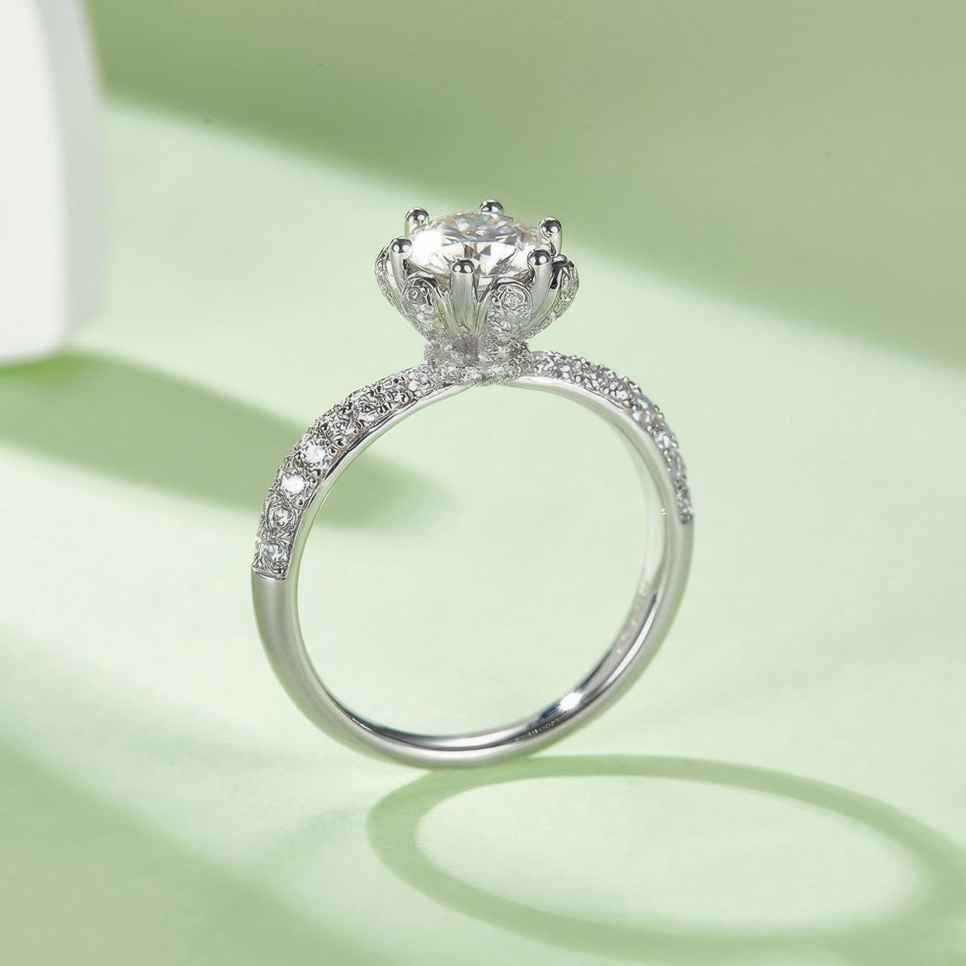Round Moissanite Solitaire Ring | Pavé Floral Crown | 1ct DEW 6.5mm 925 Silver - Image 4