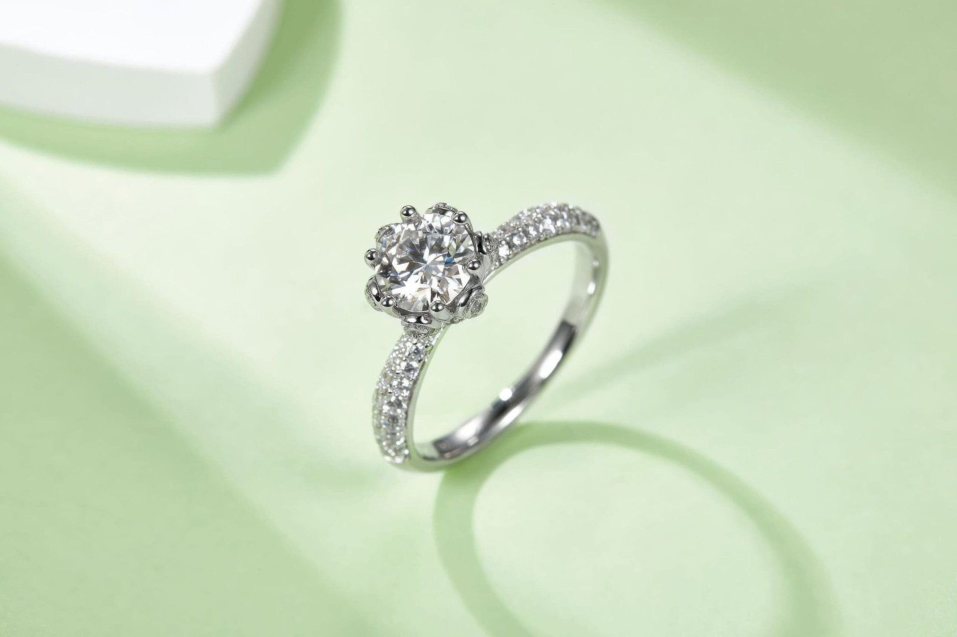 Round Moissanite Solitaire Ring | Pavé Floral Crown | 1ct DEW 6.5mm 925 Silver - Image 5