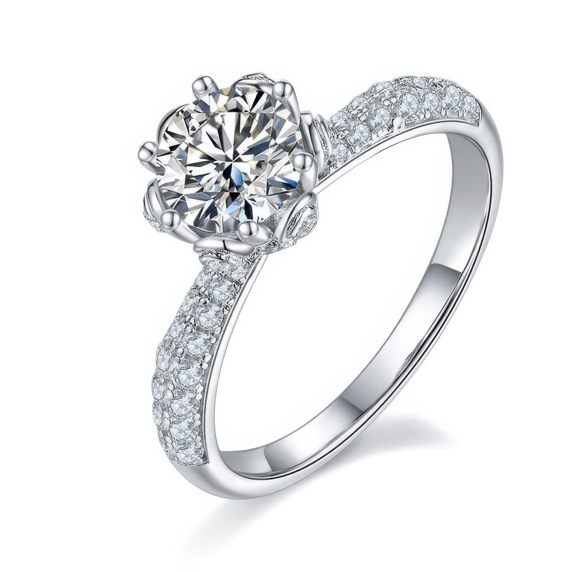 Round Moissanite Solitaire Ring | Pavé Floral Crown | 1ct DEW 6.5mm 925 Silver