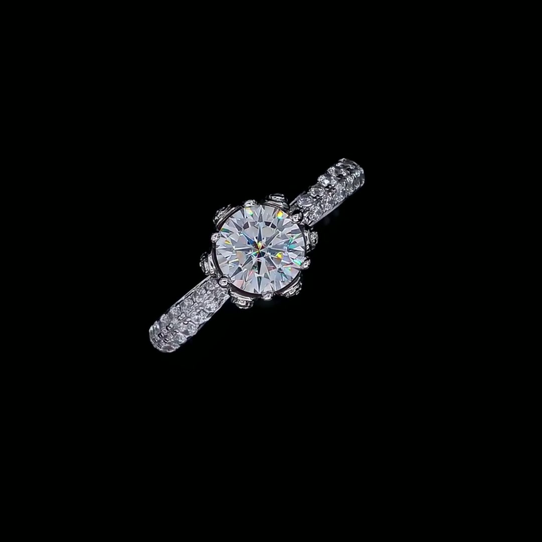 Round Moissanite Solitaire Ring | Pavé Floral Crown | 1ct DEW 6.5mm 925 Silver product video thumbnail