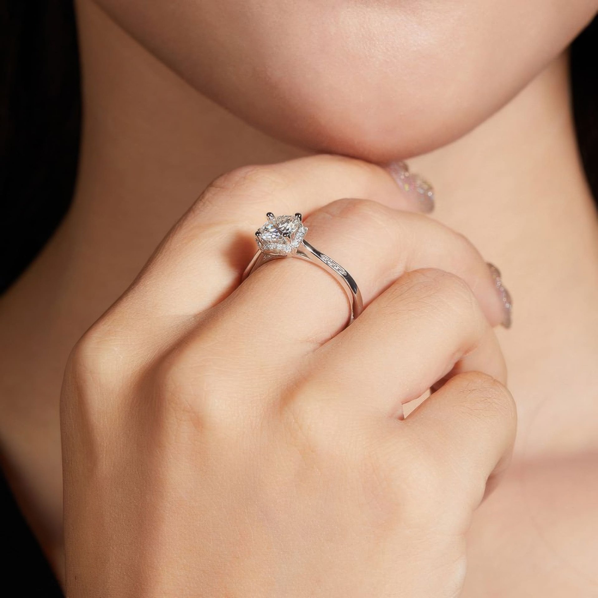 1ct Round Moissanite Cushion-Halo Engagement Ring | DEF Colorless, 925 Sterling Silver - alternate view