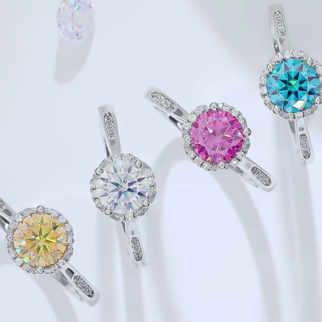 1ct Round Moissanite Cushion-Halo Engagement Ring | DEF Colorless, 925 Sterling Silver product video thumbnail