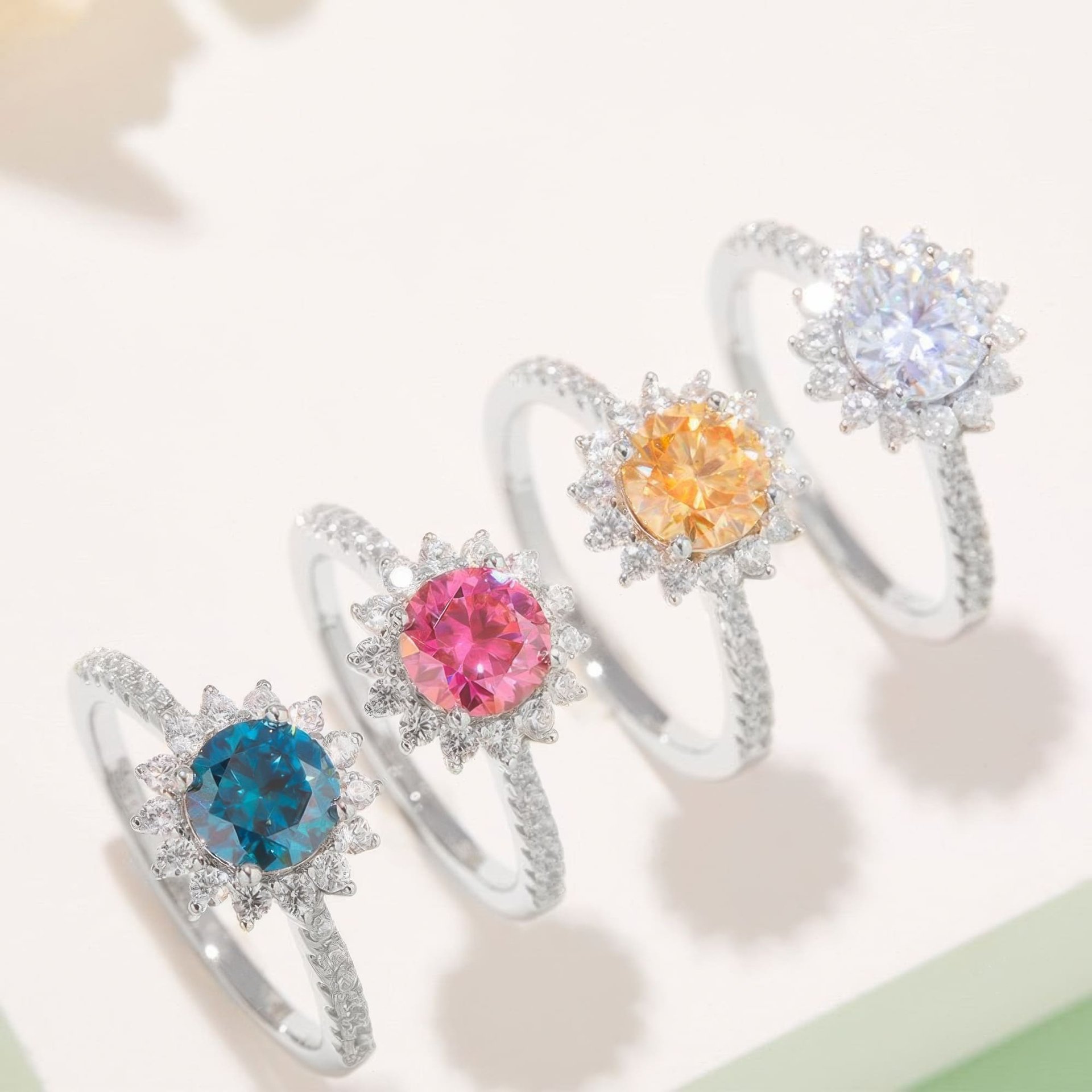 925 Silver Moissanite Sunflower Halo Ring | 1ct DEW Round Center | Pave Band, Color Options - Image 7