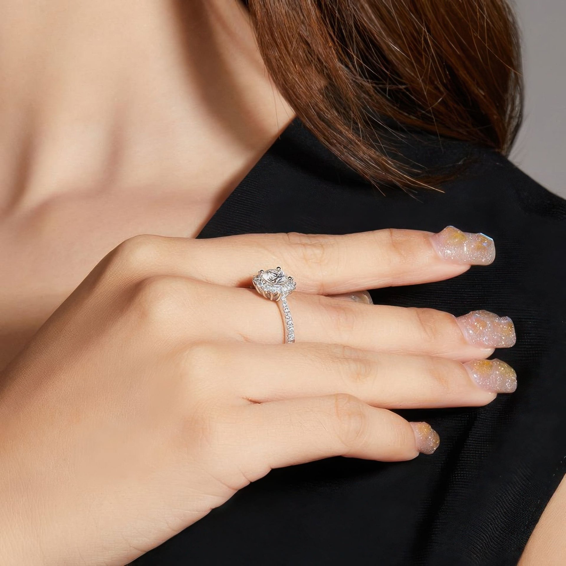 925 Silver Moissanite Sunflower Halo Ring | 1ct DEW Round Center | Pave Band, Color Options - Image 2