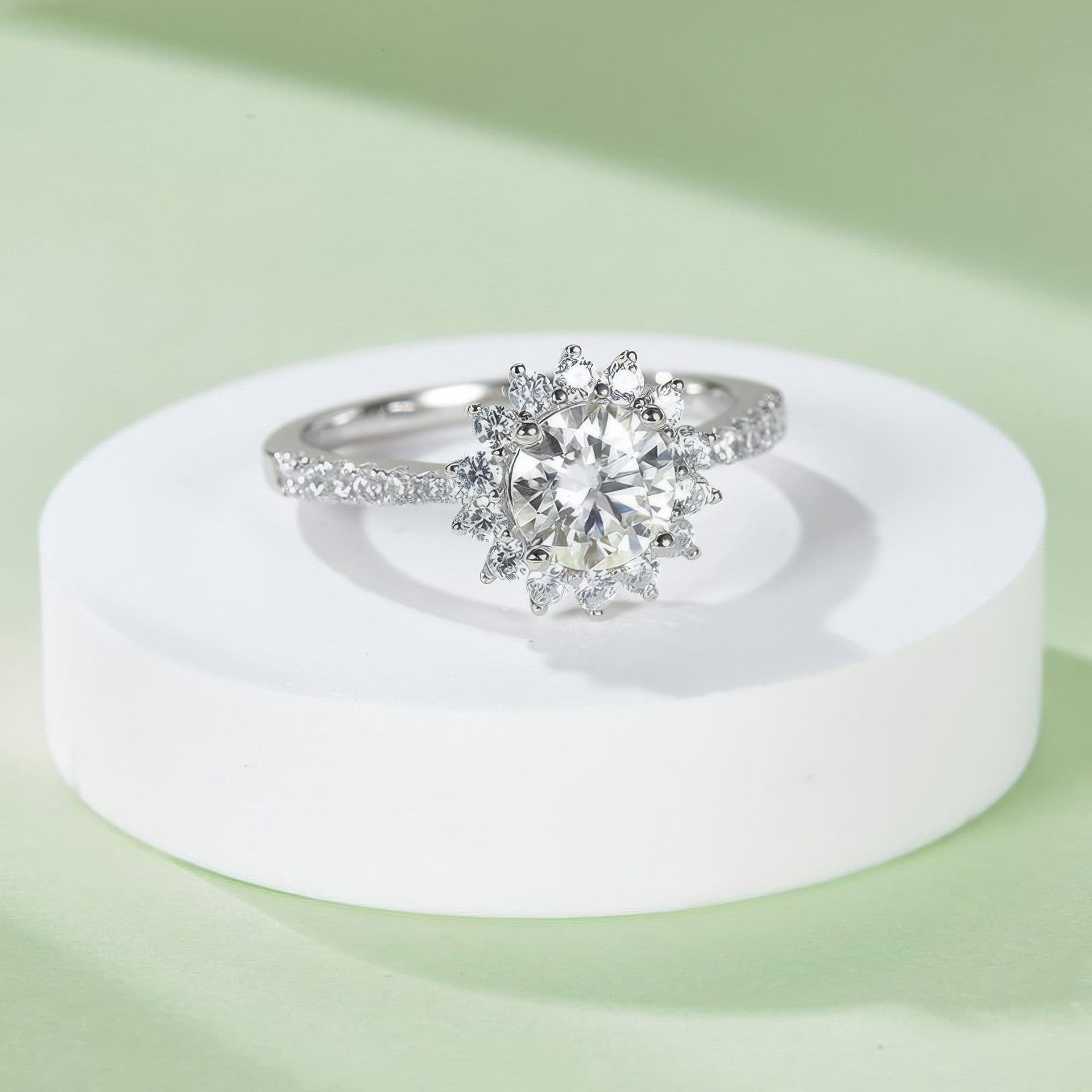 925 Silver Moissanite Sunflower Halo Ring | 1ct DEW Round Center | Pave Band, Color Options - Image 4