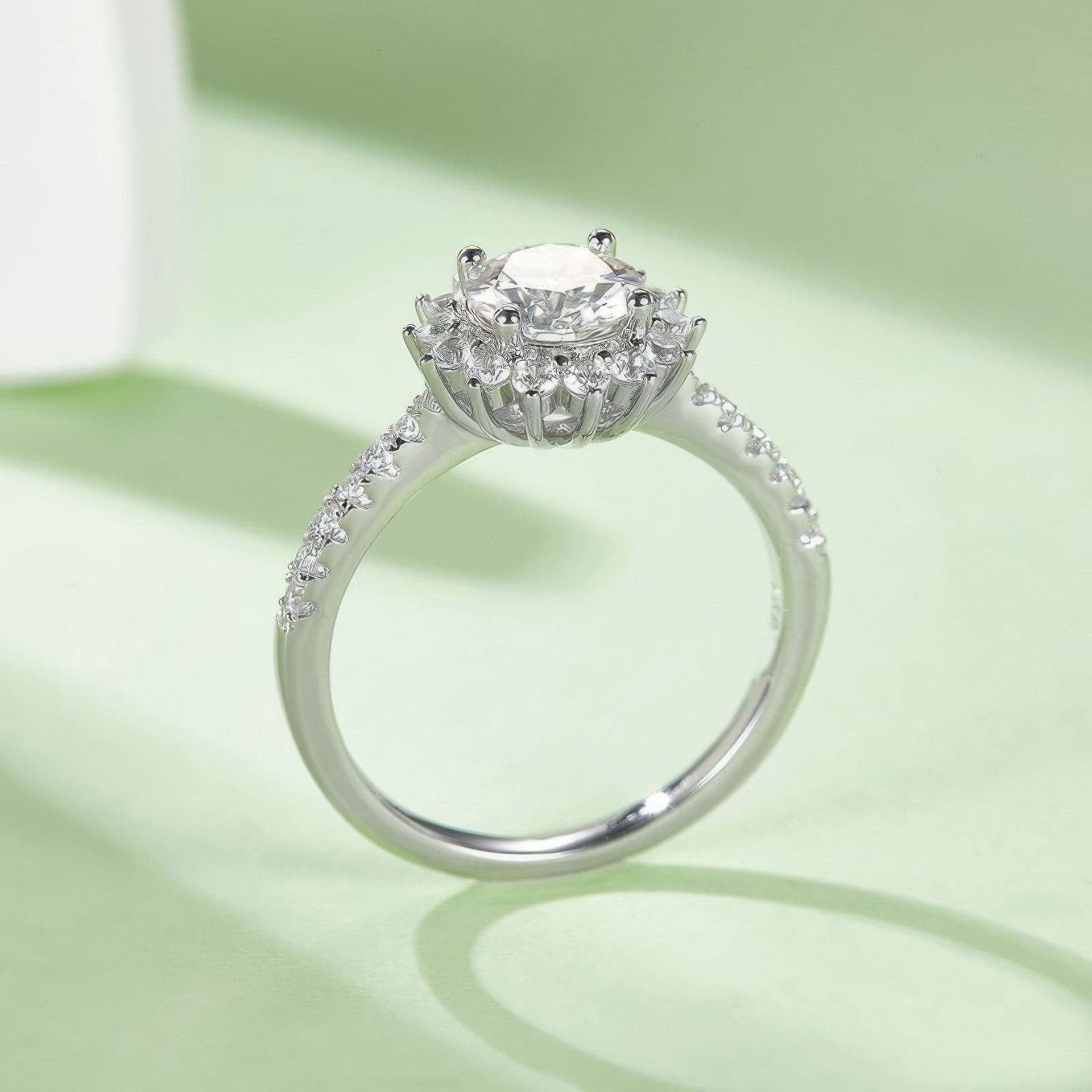 925 Silver Moissanite Sunflower Halo Ring | 1ct DEW Round Center | Pave Band, Color Options - Image 5
