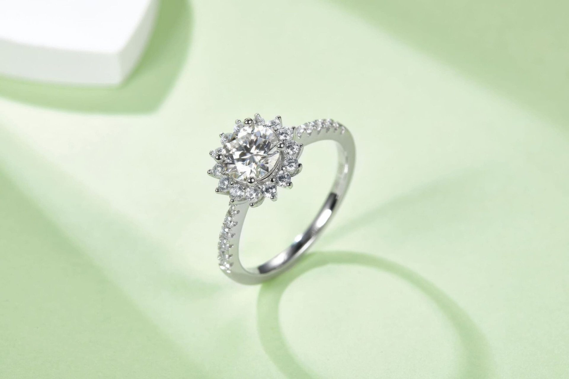 925 Silver Moissanite Sunflower Halo Ring | 1ct DEW Round Center | Pave Band, Color Options - Image 6