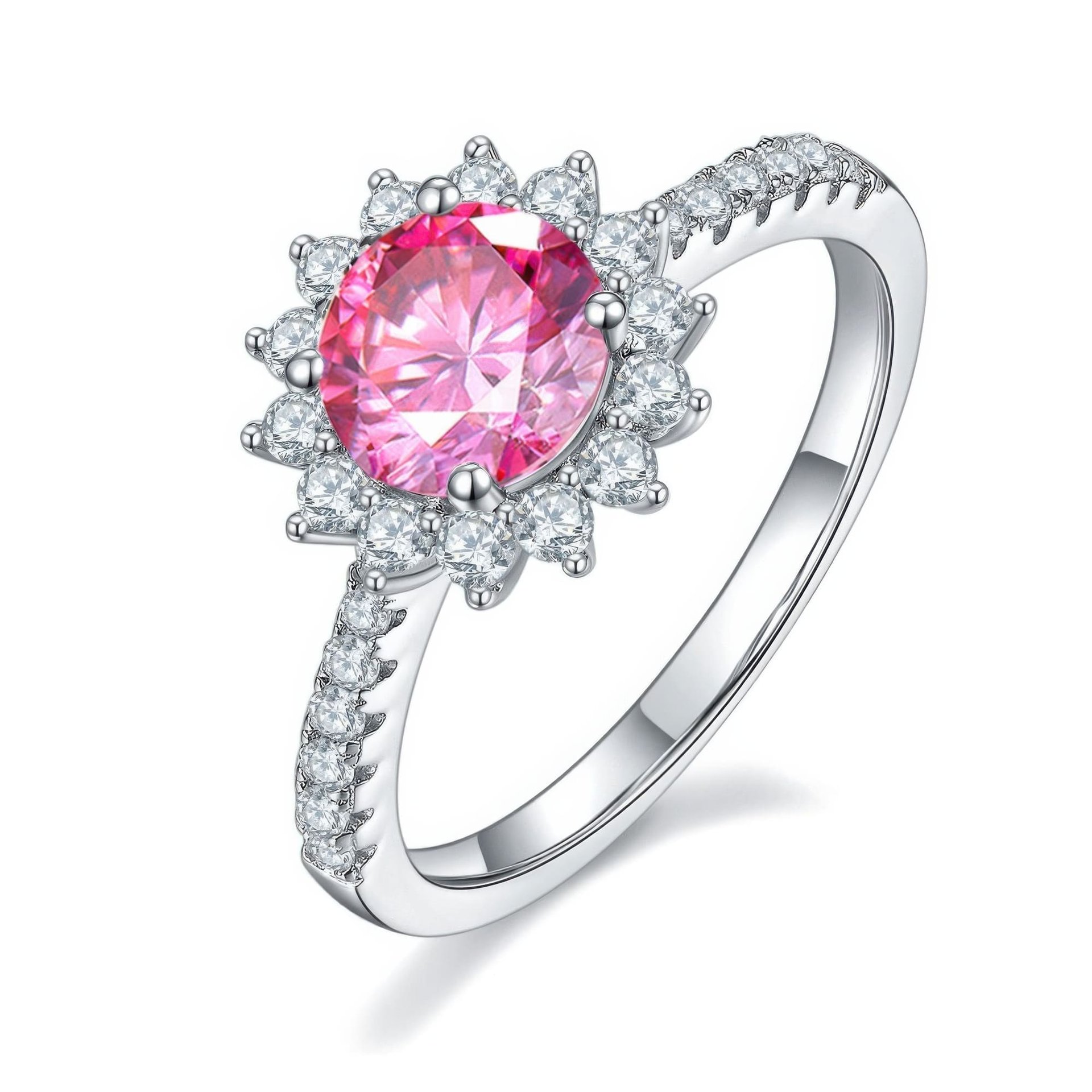 925 Silver Moissanite Sunflower Halo Ring | 1ct DEW Round Center | Pave Band, Color Options - Image 8