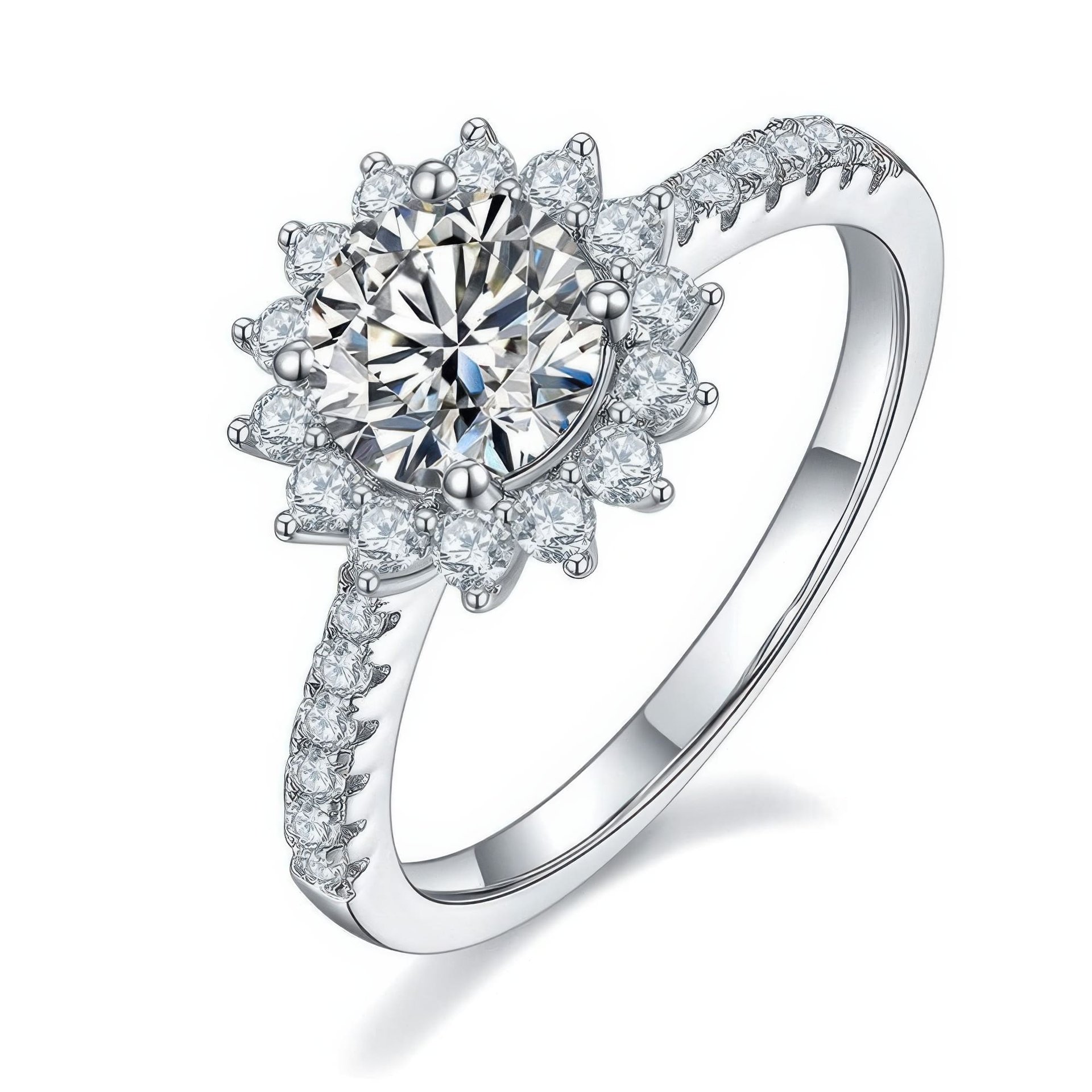 925 Silver Moissanite Sunflower Halo Ring | 1ct DEW Round Center | Pave Band, Color Options